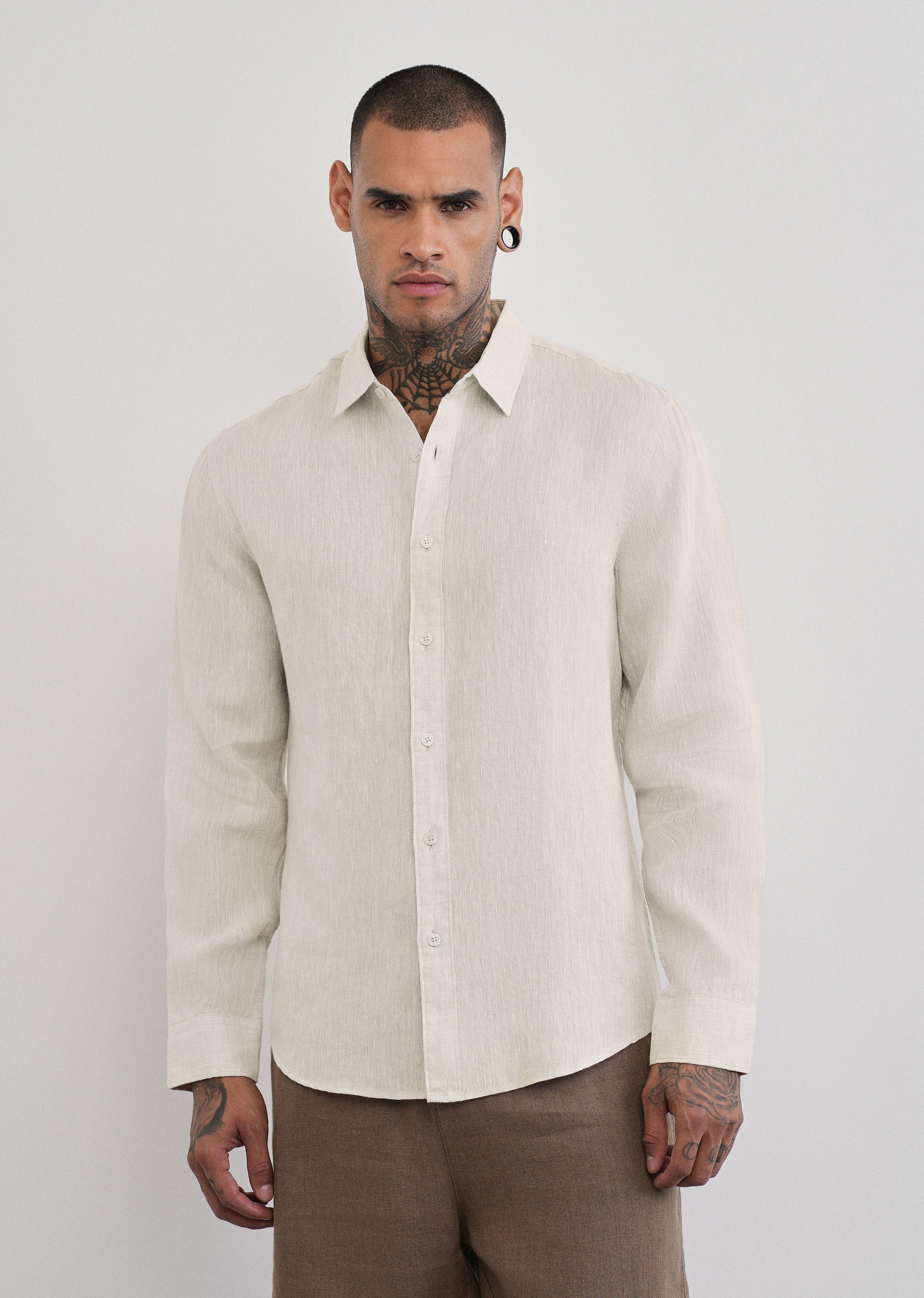 100% Pure Linen Beige Plain Shirt - Image 3
