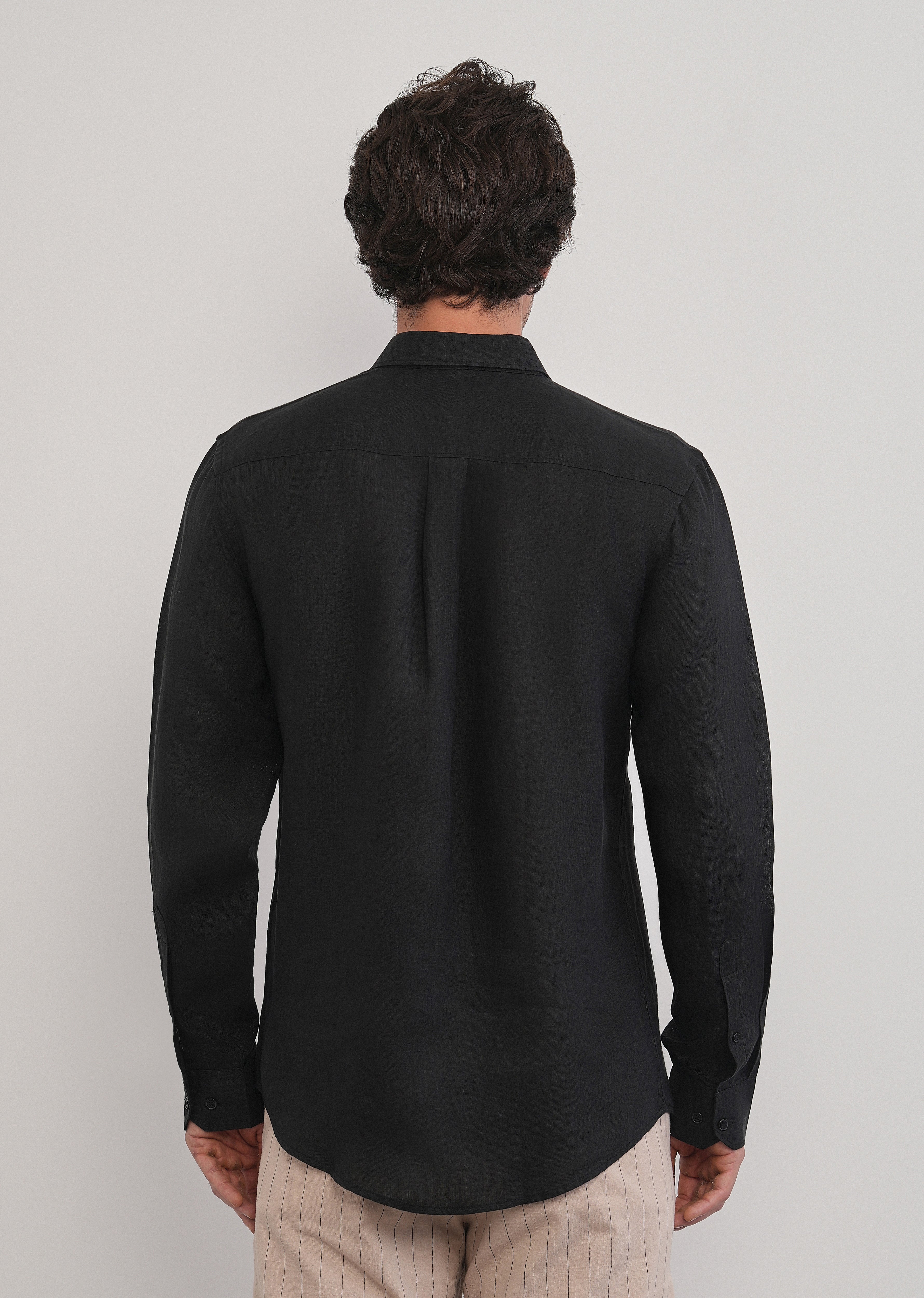 100% Pure Linen Black Plain Shirt - Image 2
