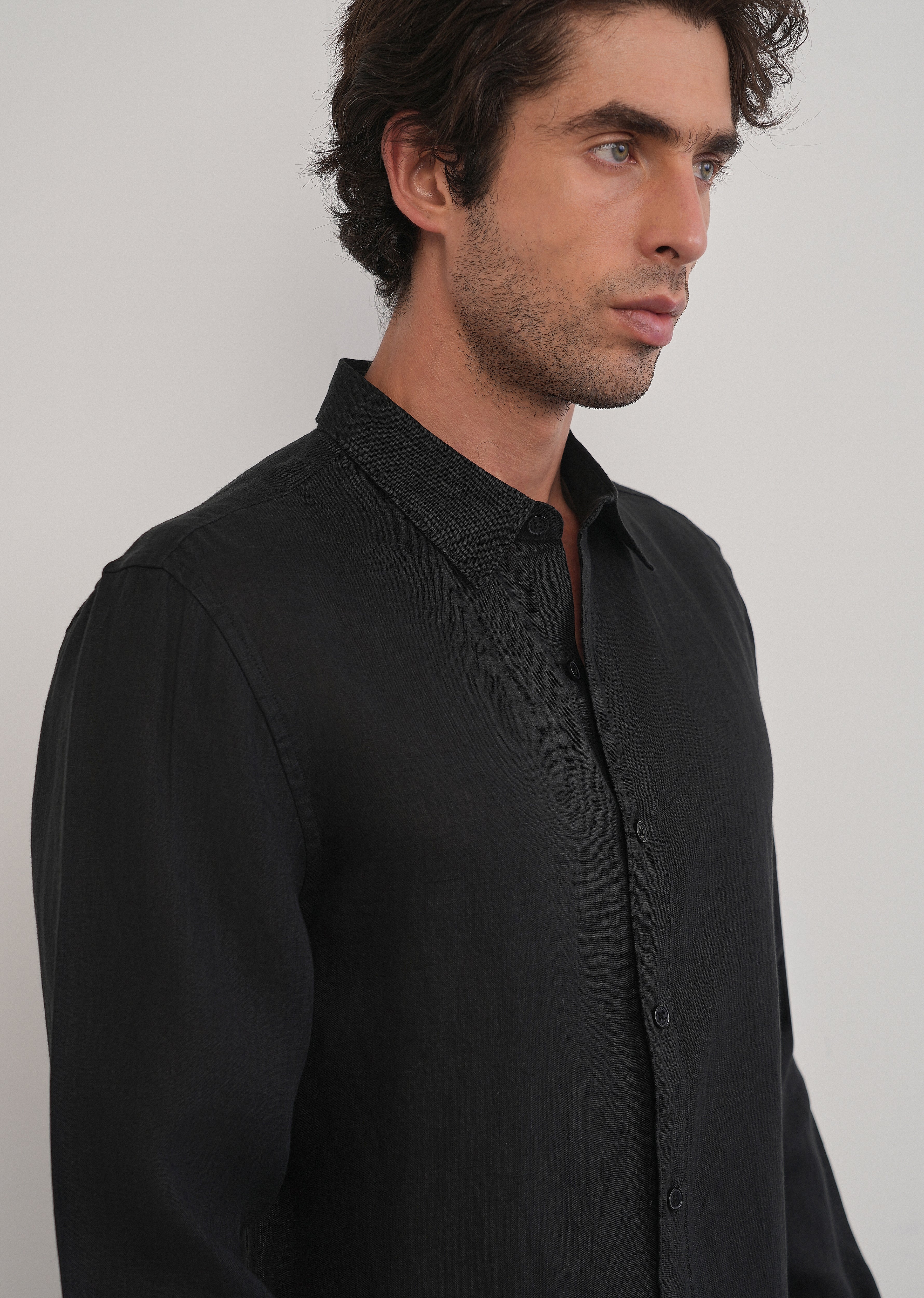 100% Pure Linen Black Plain Shirt - Image 5