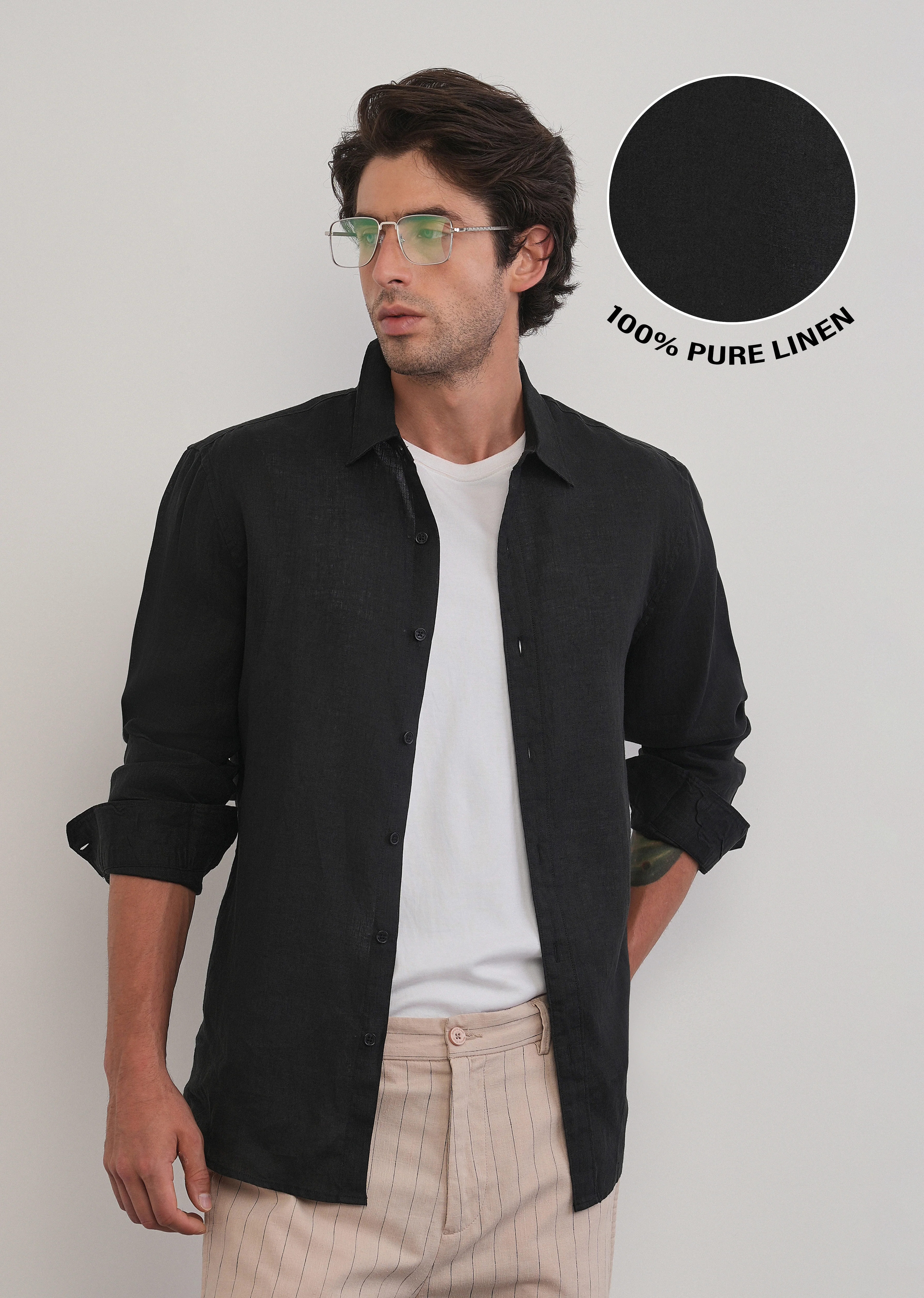 100% Pure Linen Black Plain Shirt - Image 7