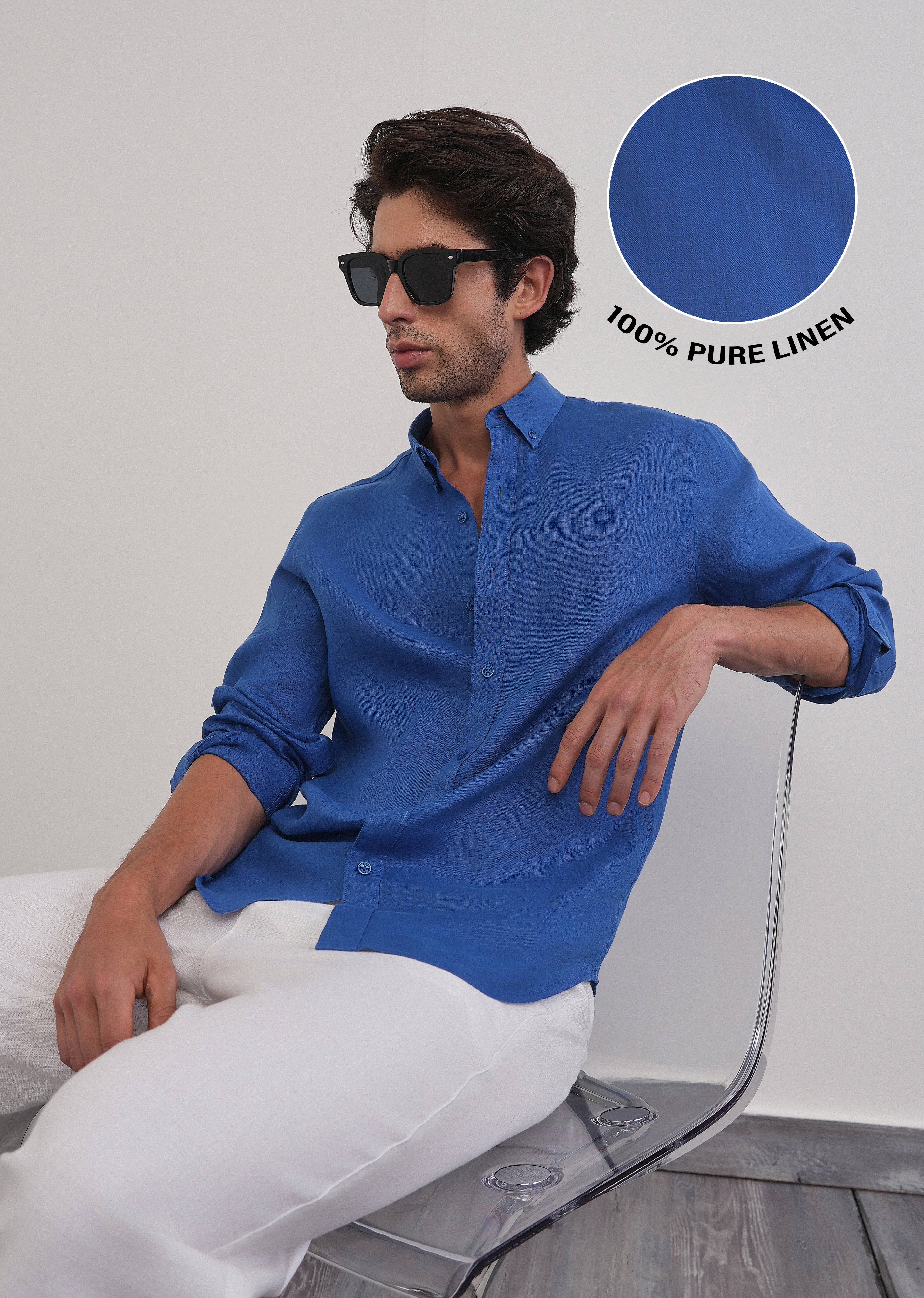 100% Pure Linen Blue Plain Shirt - Image 2