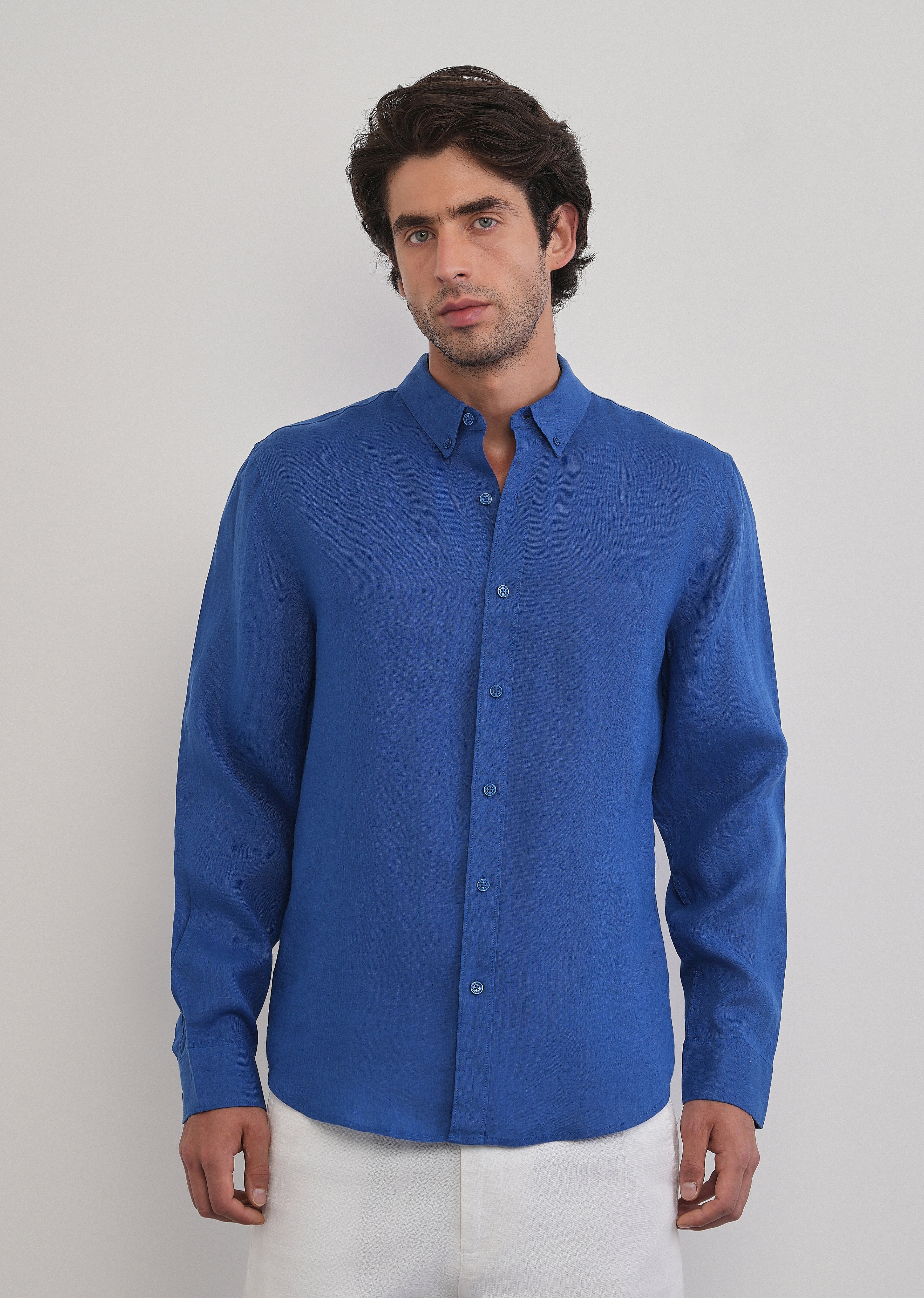 100% Pure Linen Blue Plain Shirt - Image 5