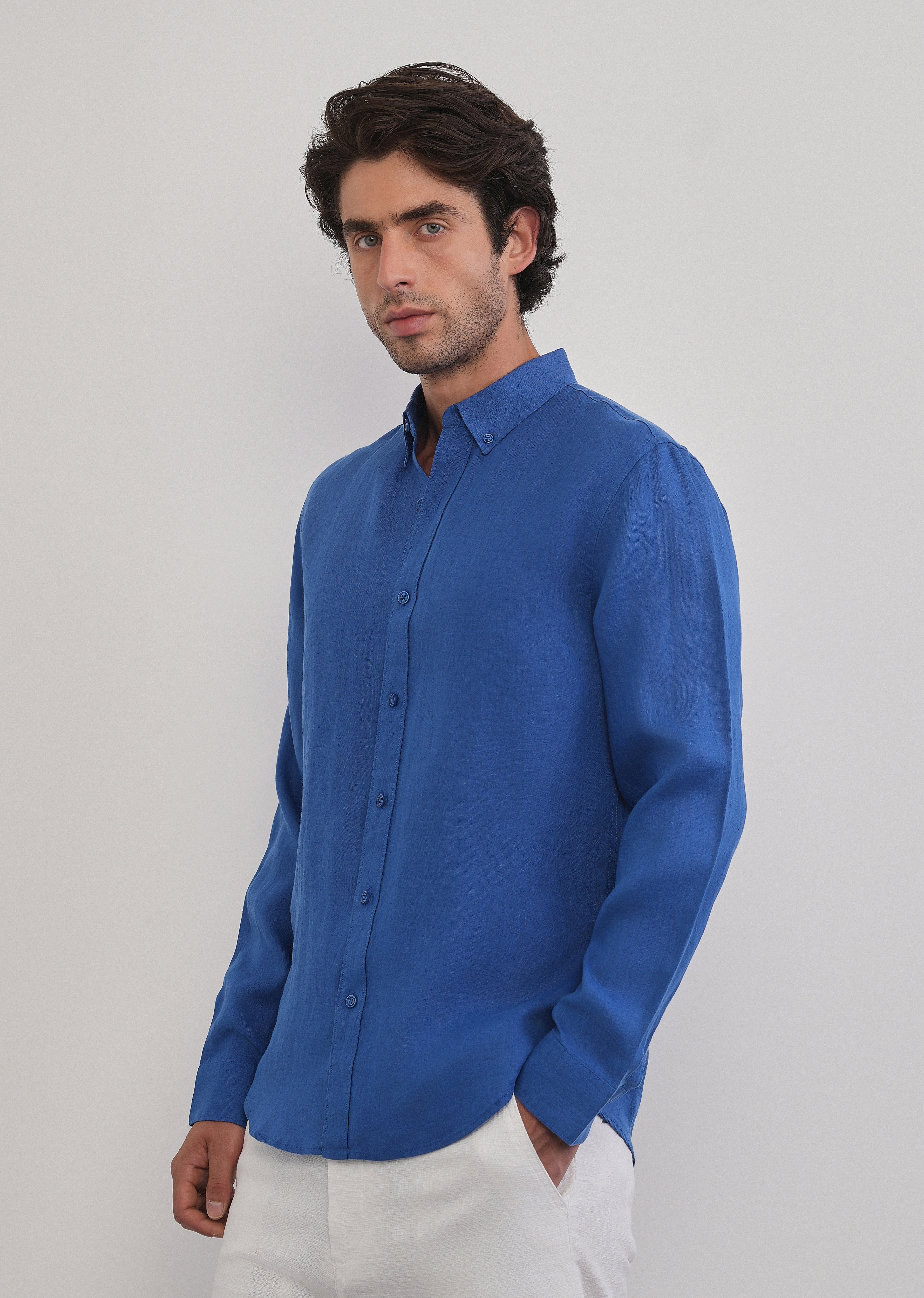 100% Pure Linen Blue Plain Shirt - Image 6