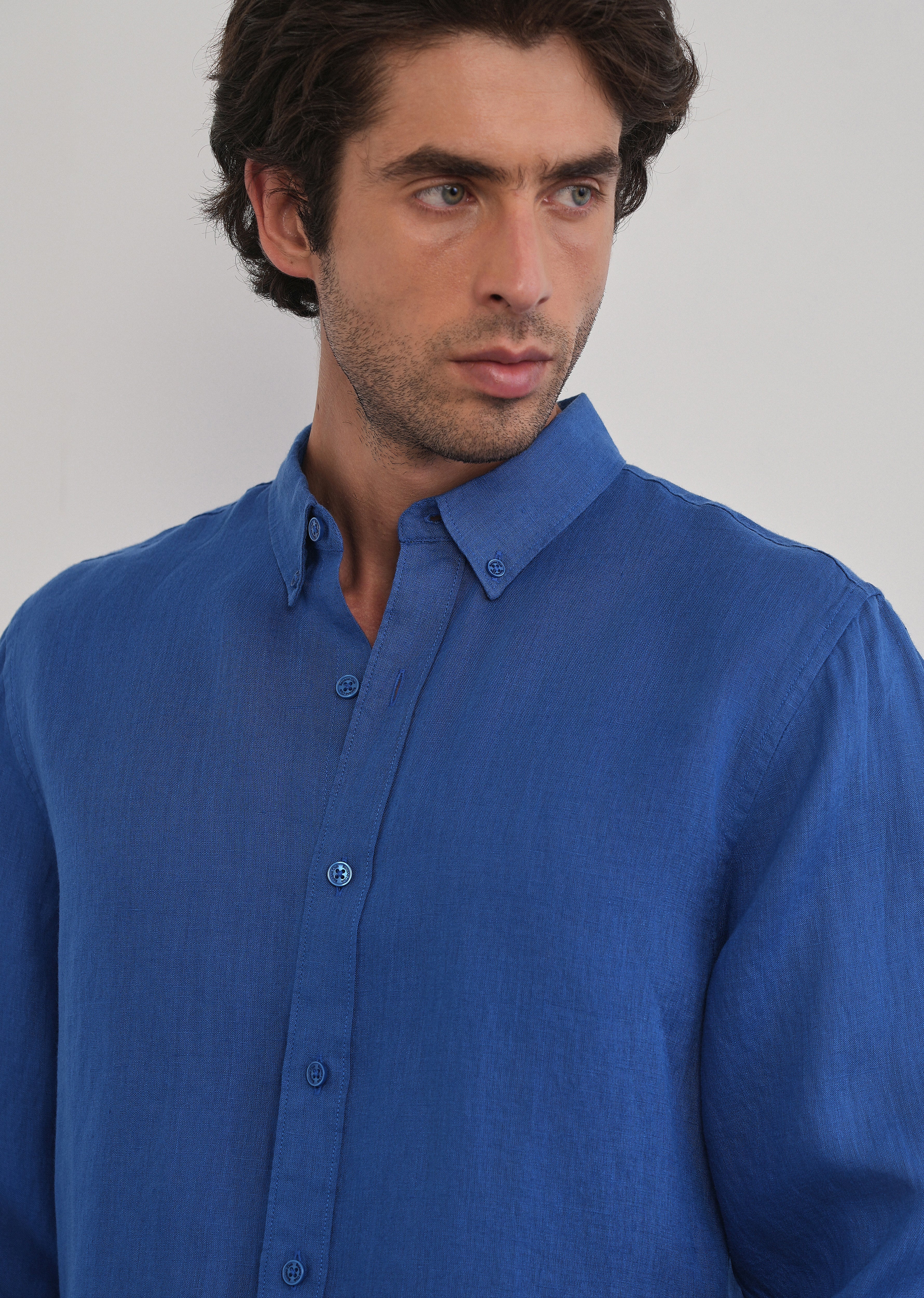 100% Pure Linen Blue Plain Shirt - Image 7