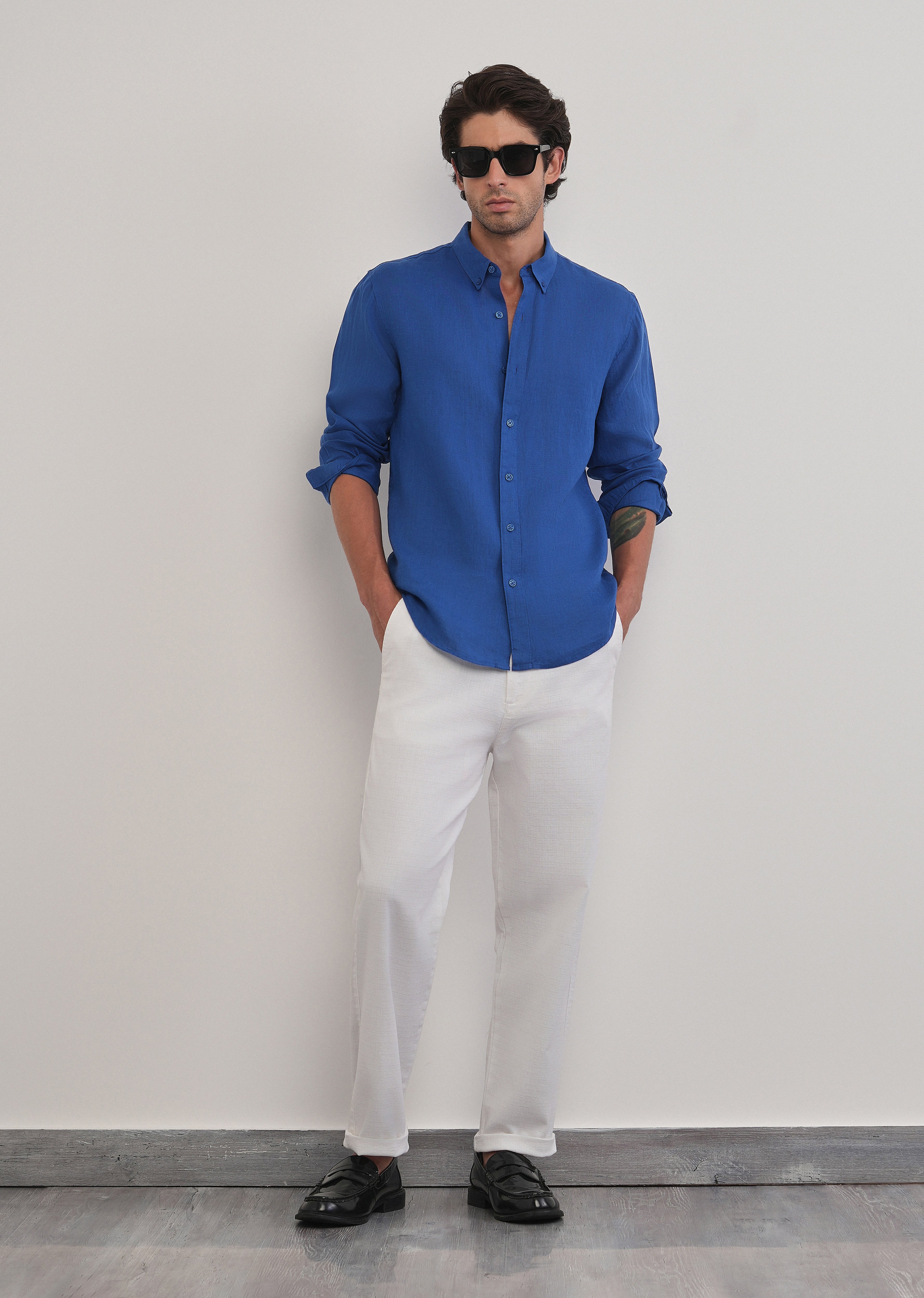 100% Pure Linen Blue Plain Shirt - Image 8