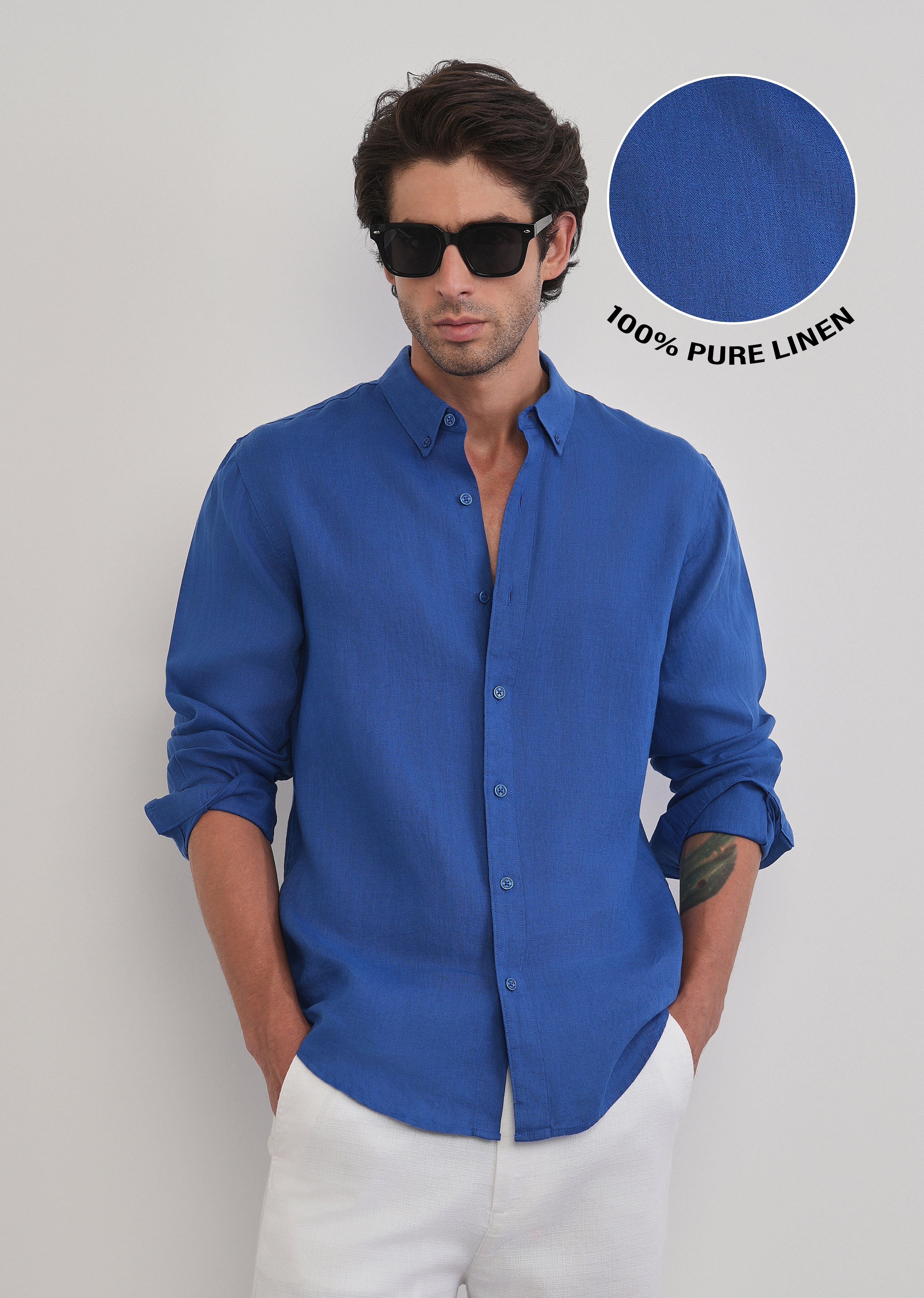 100% Pure Linen Blue Plain Shirt - Image 9