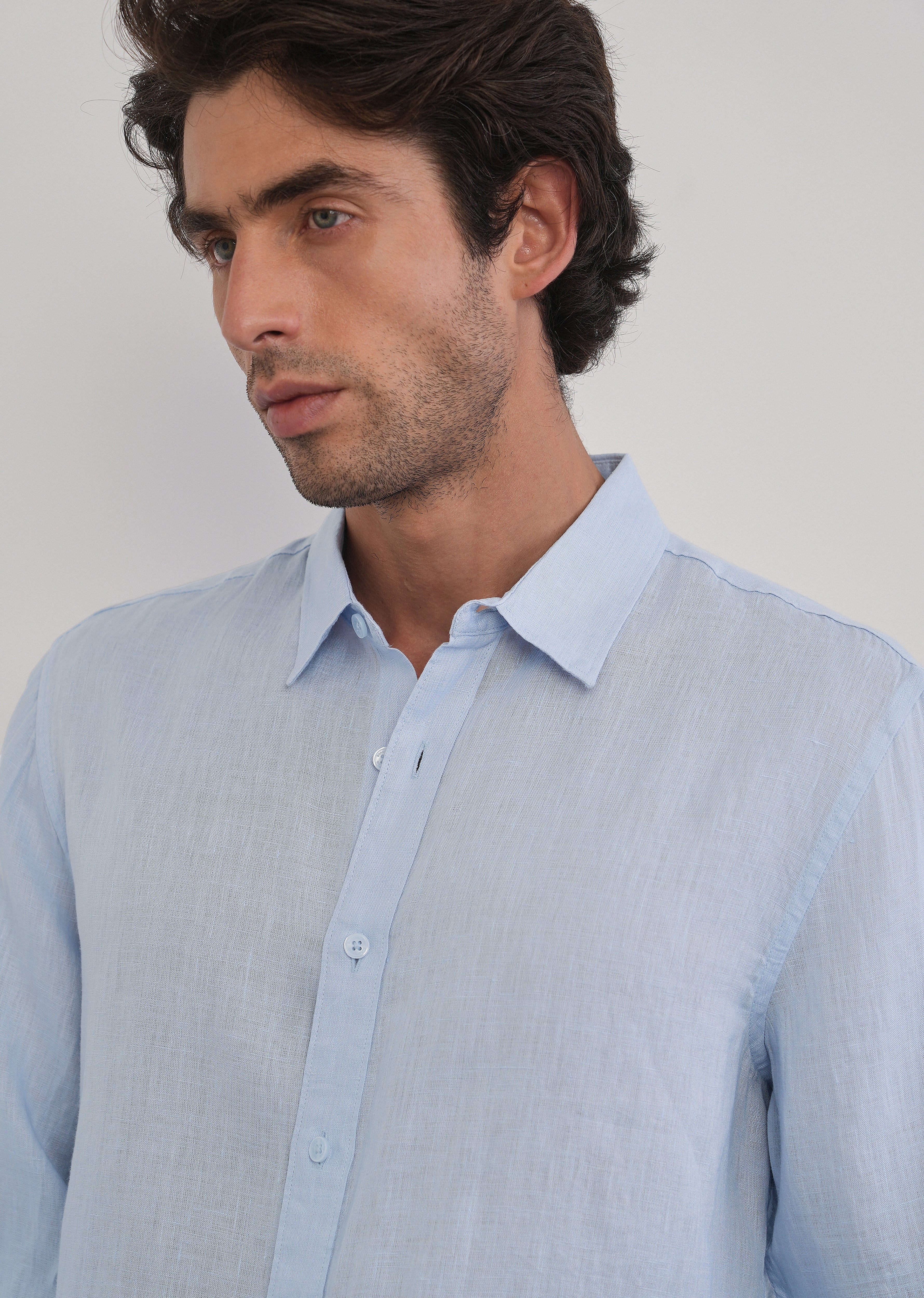 100% Pure Linen Light Blue Plain Shirt - Image 5