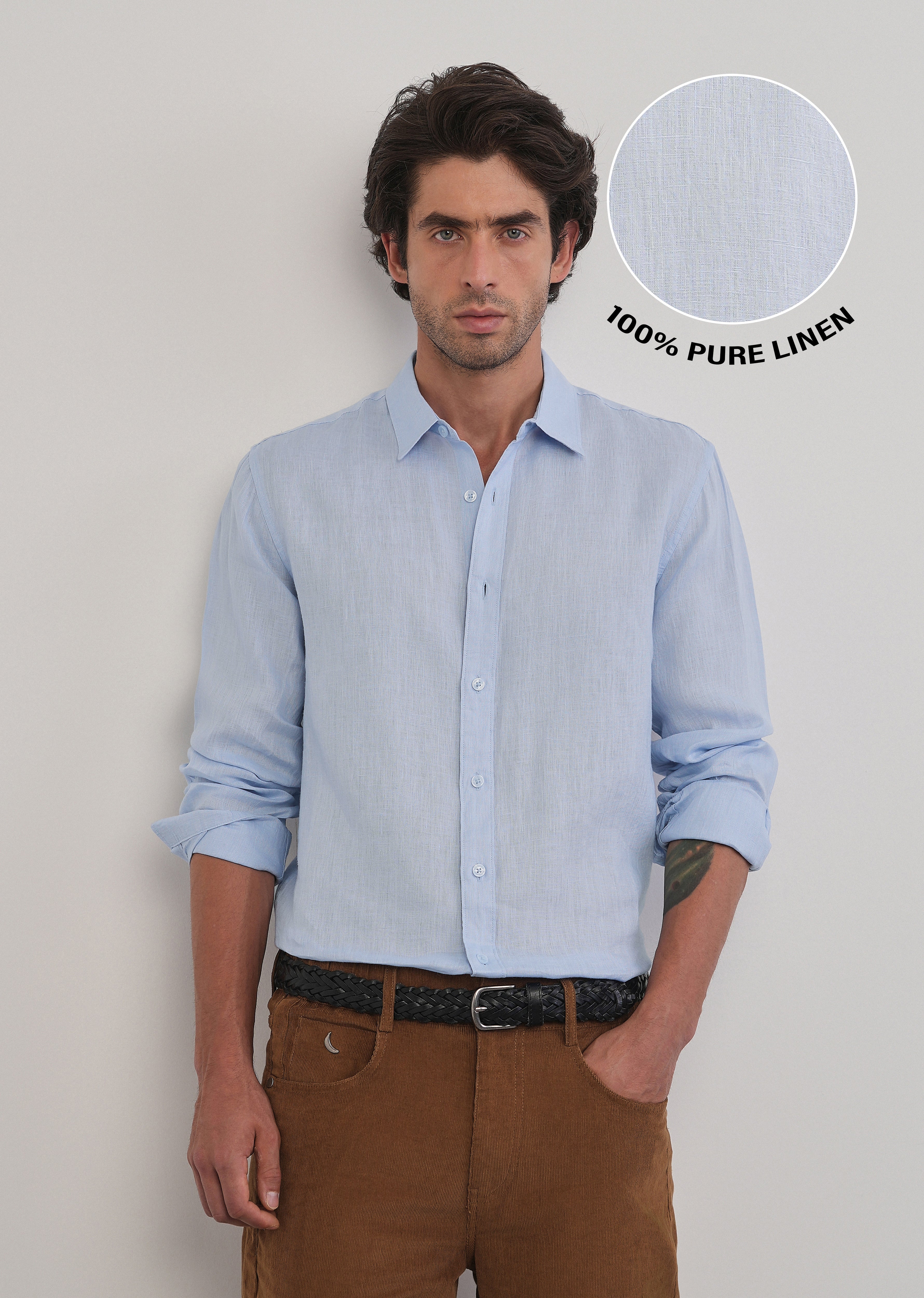 100% Pure Linen Light Blue Plain Shirt - Image 7