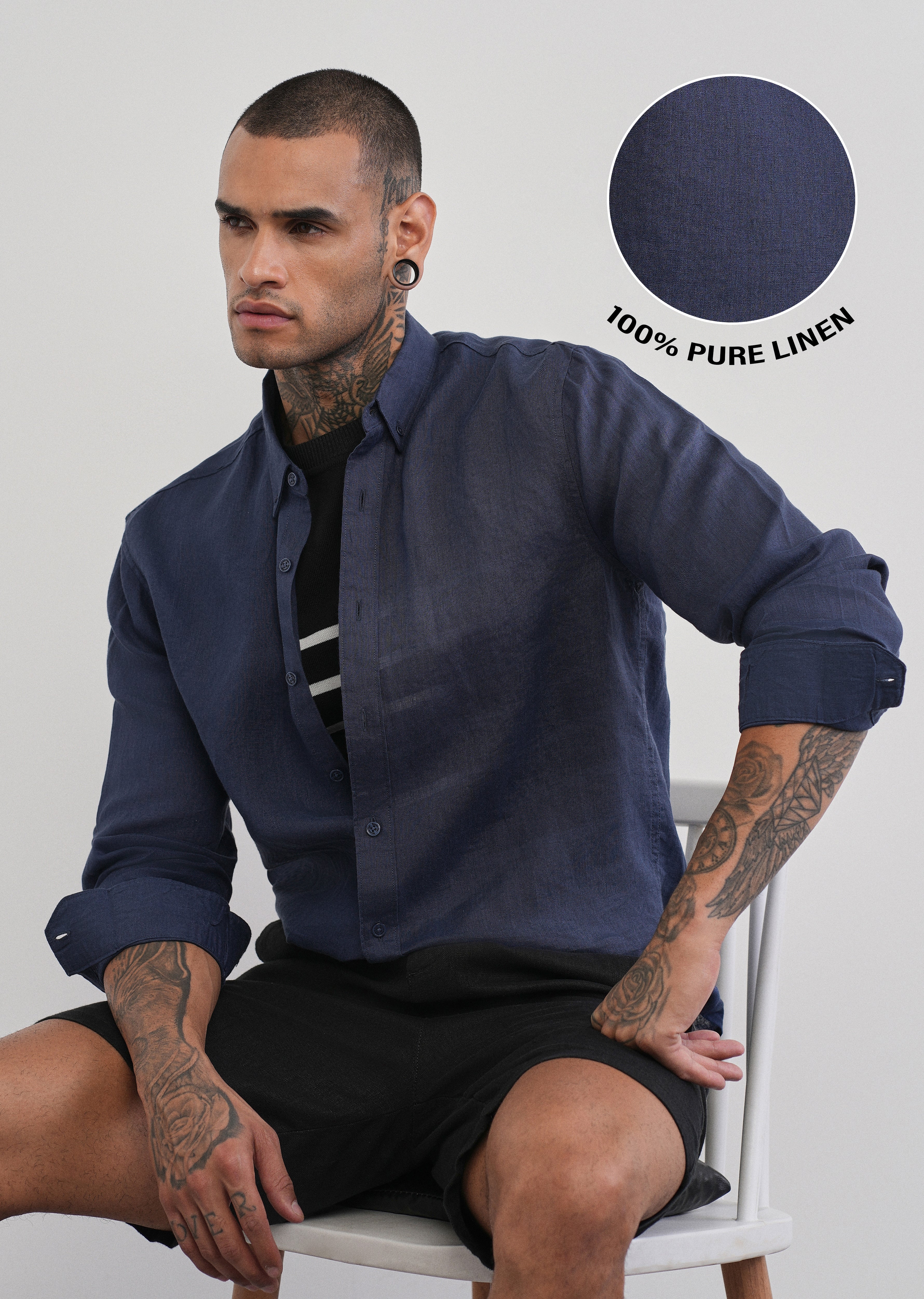 100% Pure Linen Navy Blue Plain Shirt - Image 2