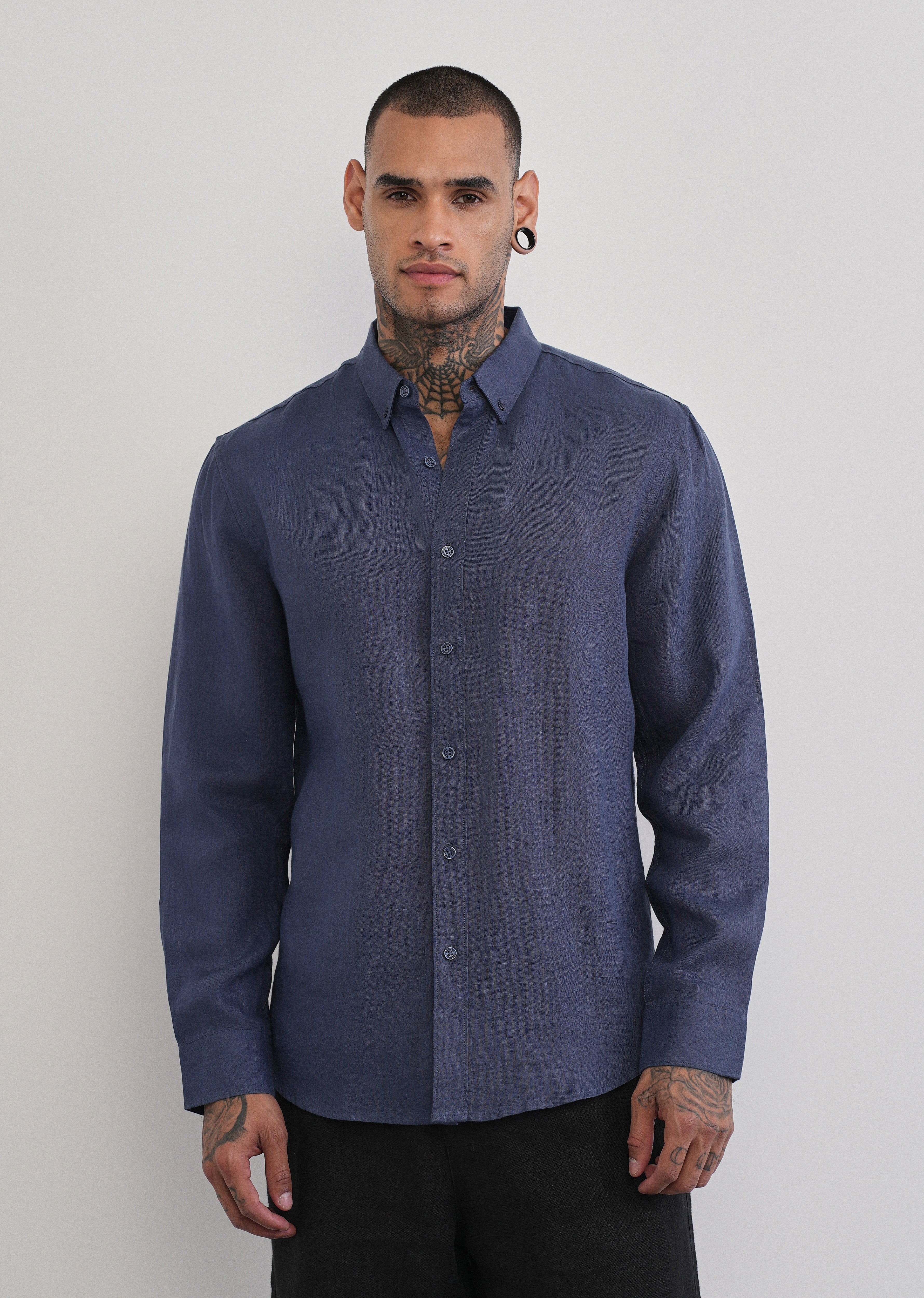 100% Pure Linen Navy Blue Plain Shirt - Image 5