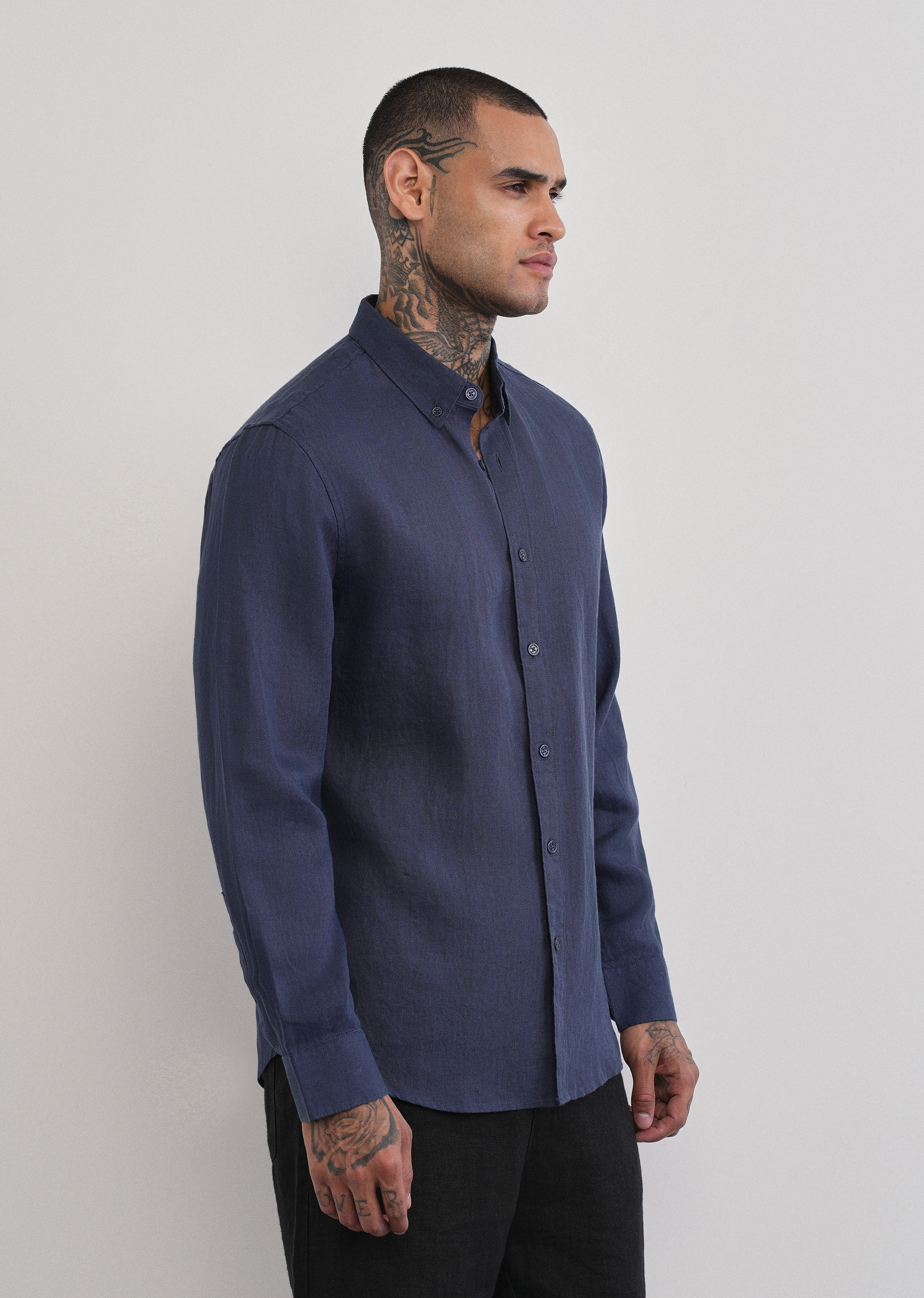 100% Pure Linen Navy Blue Plain Shirt - Image 6
