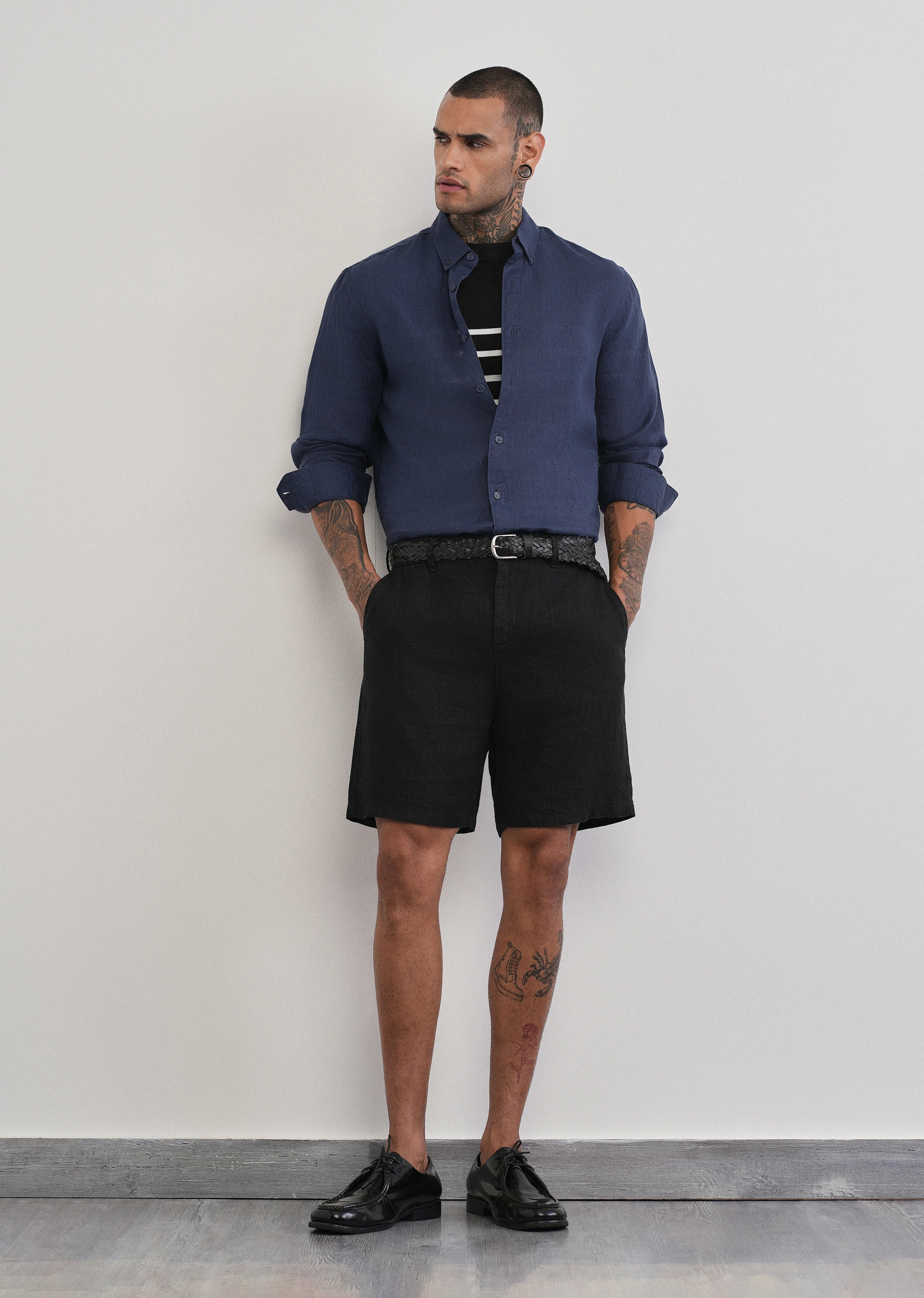 100% Pure Linen Navy Blue Plain Shirt - Image 8