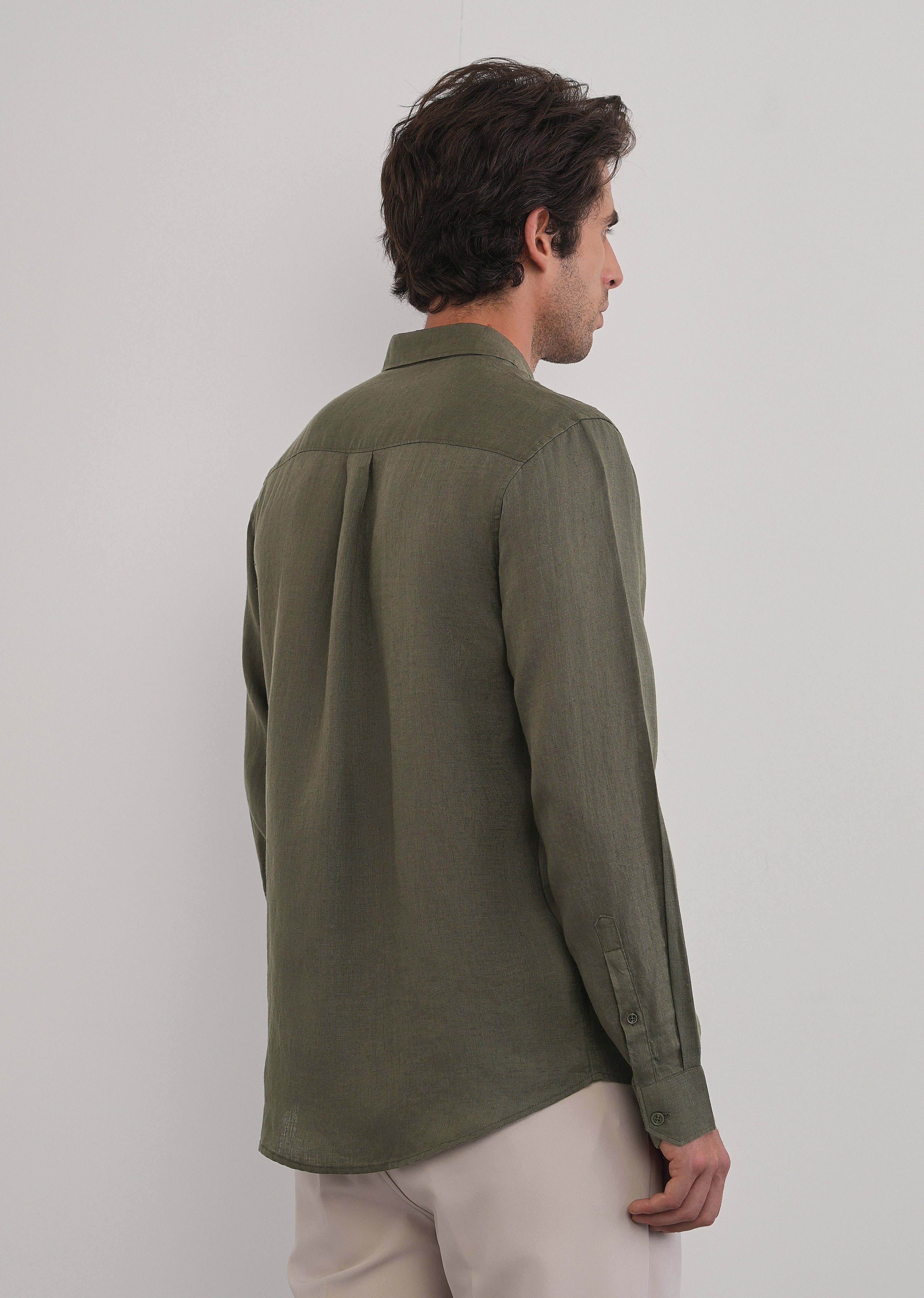 100% Pure Linen Olive Green Plain Shirt - Image 2