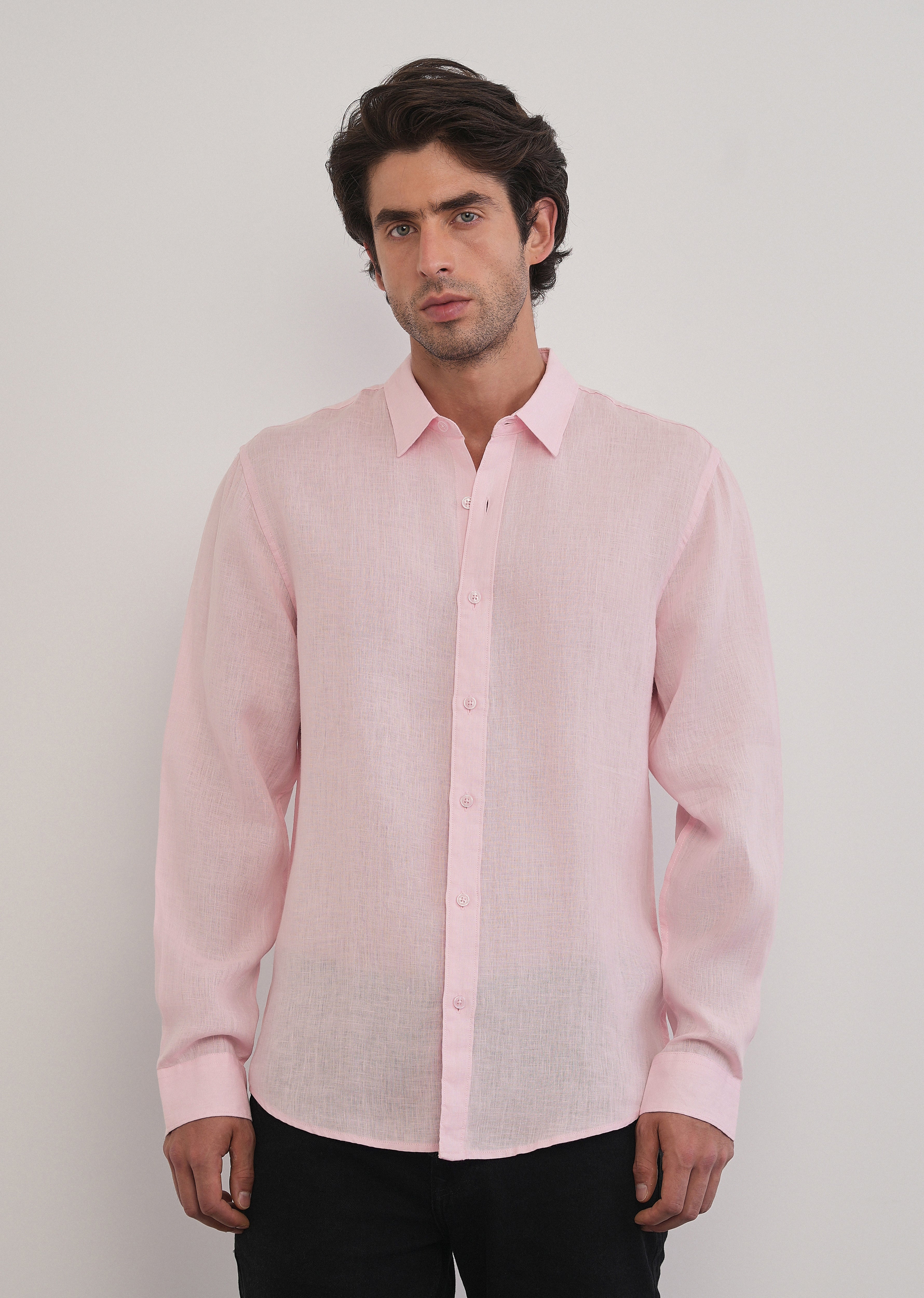 100% Pure Linen Pink Plain Shirt - Image 3