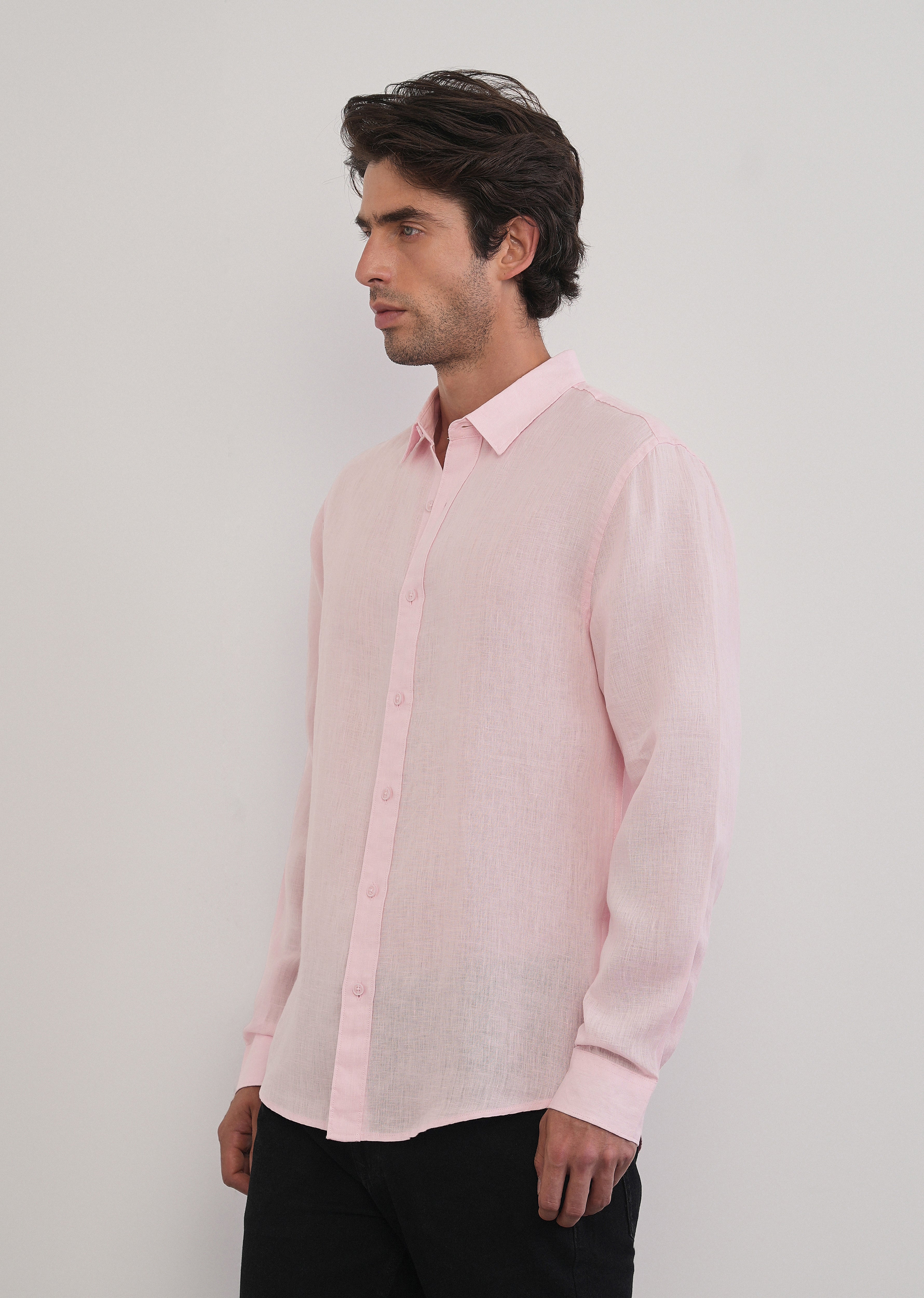 100% Pure Linen Pink Plain Shirt - Image 4