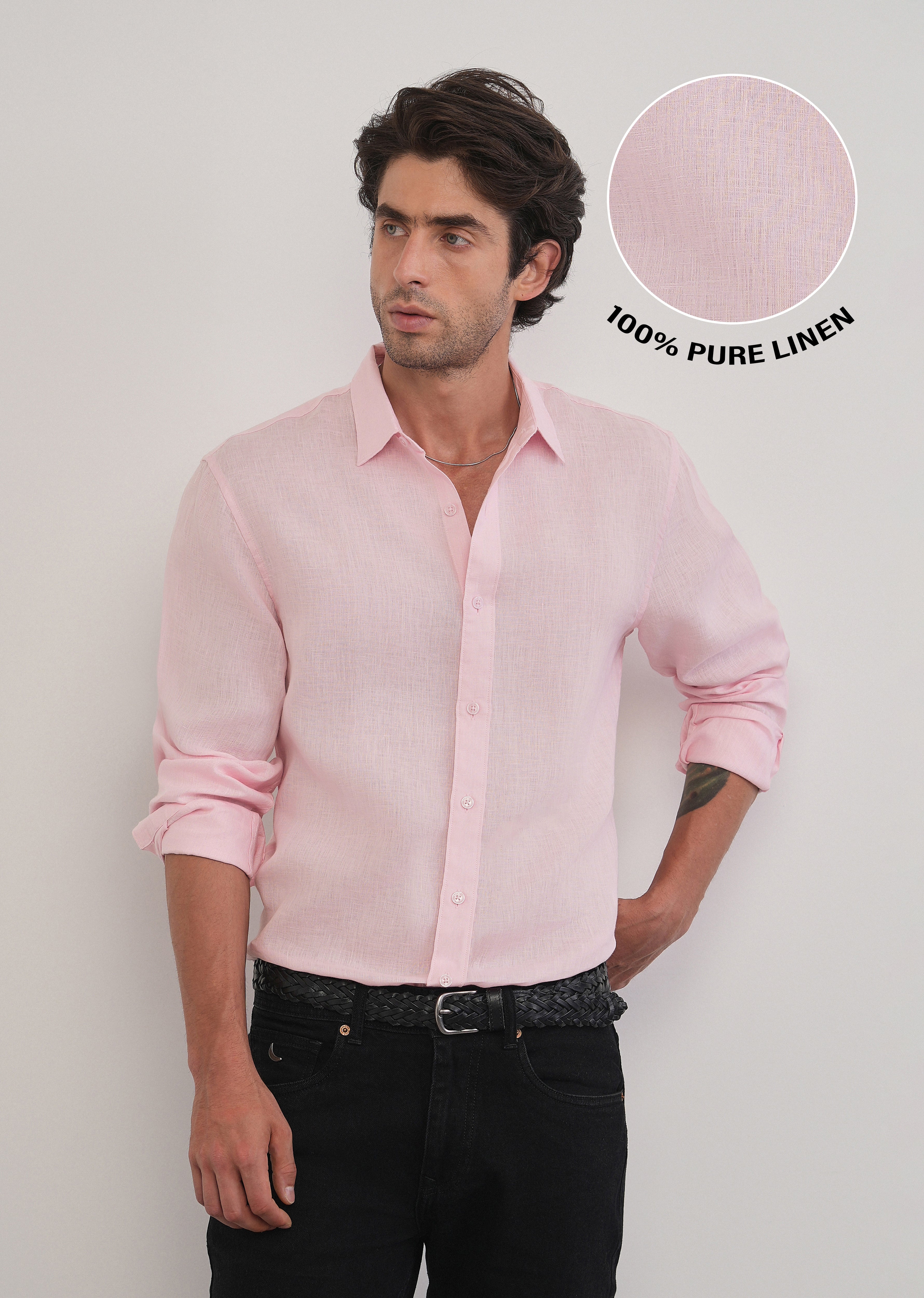 100% Pure Linen Pink Plain Shirt - Image 7