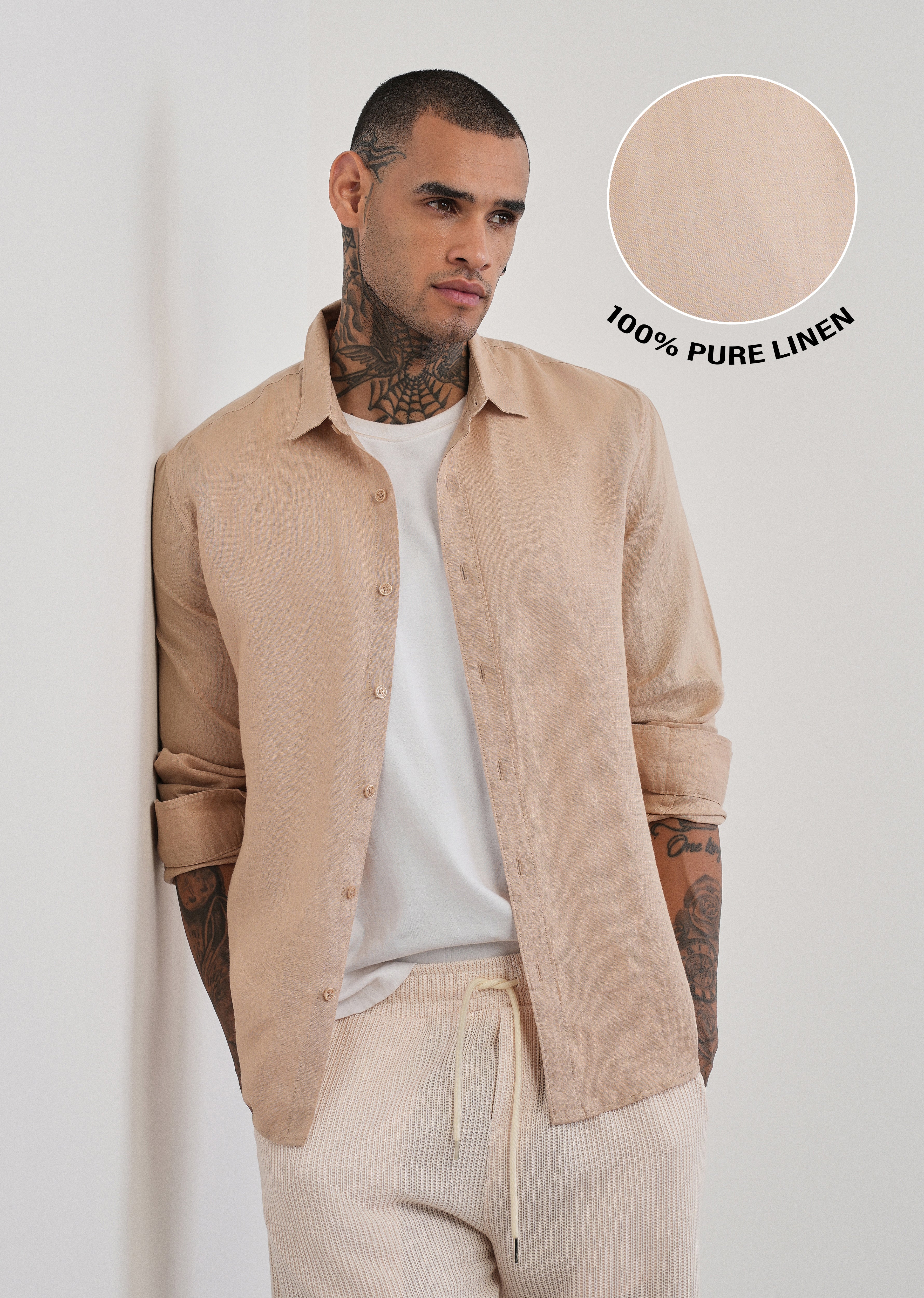 100% Pure Linen Tan Beige Plain Shirt - Image 2