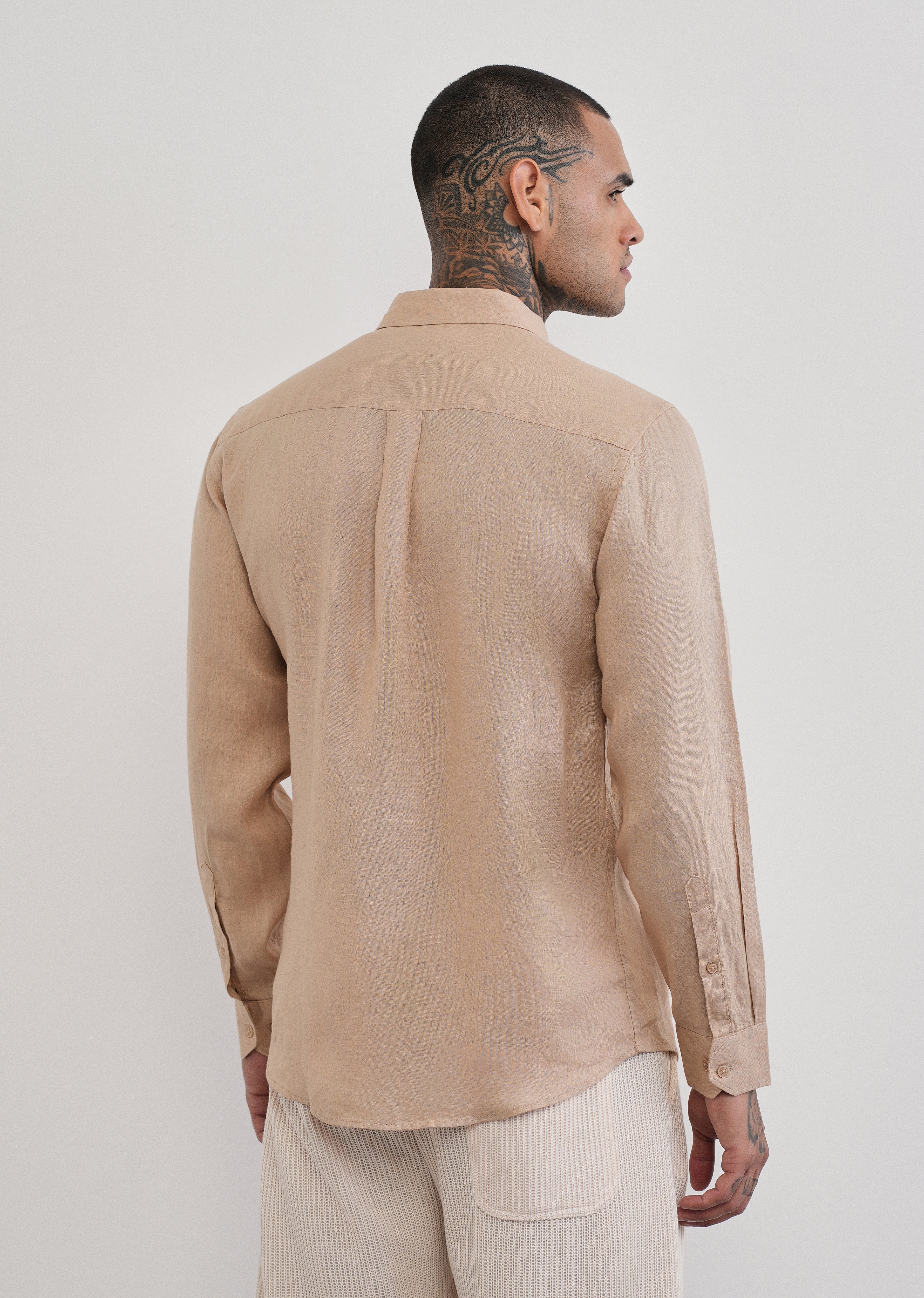 100% Pure Linen Tan Beige Plain Shirt - Image 3