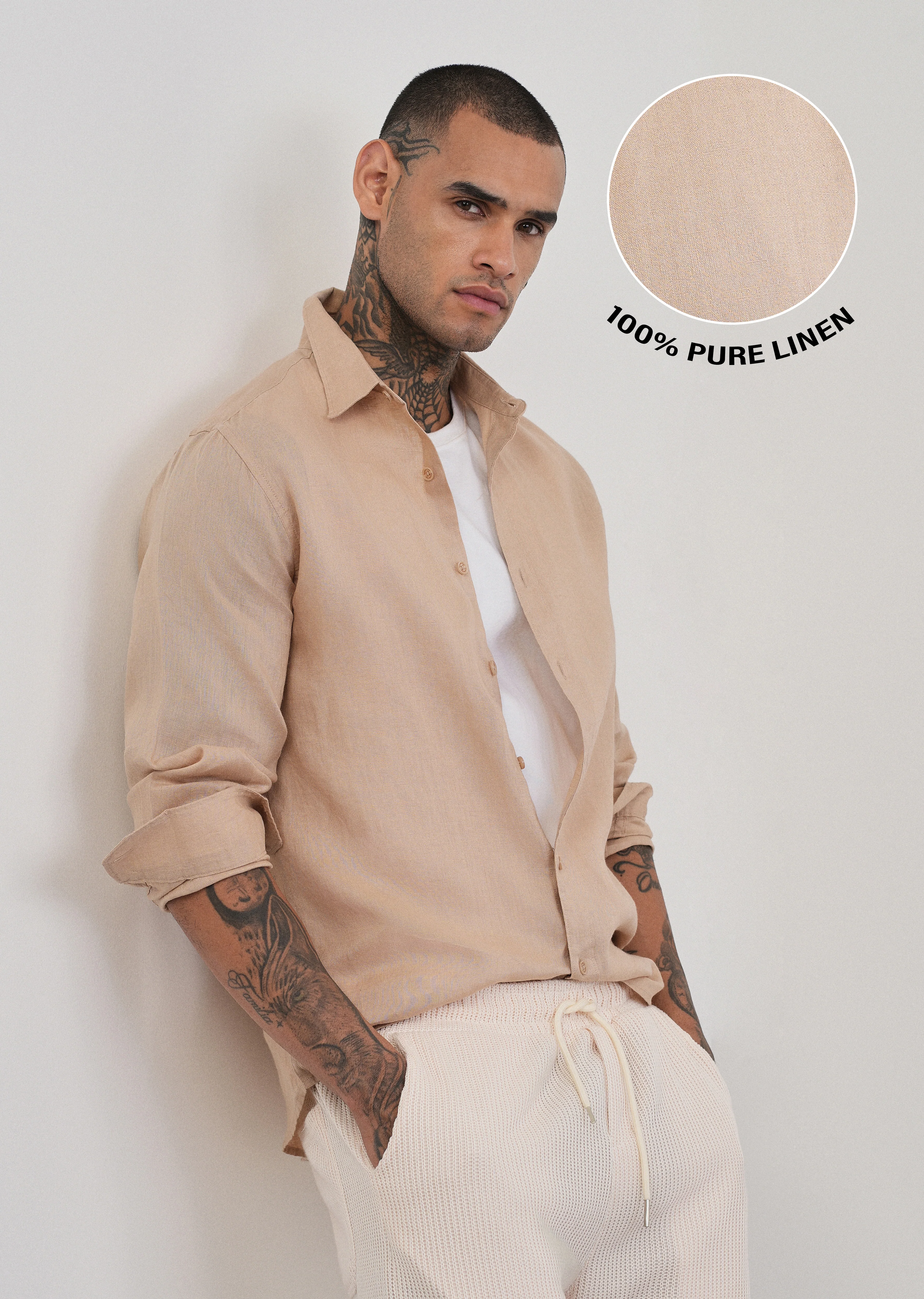 100% Pure Linen Tan Beige Plain Shirt - Image 9