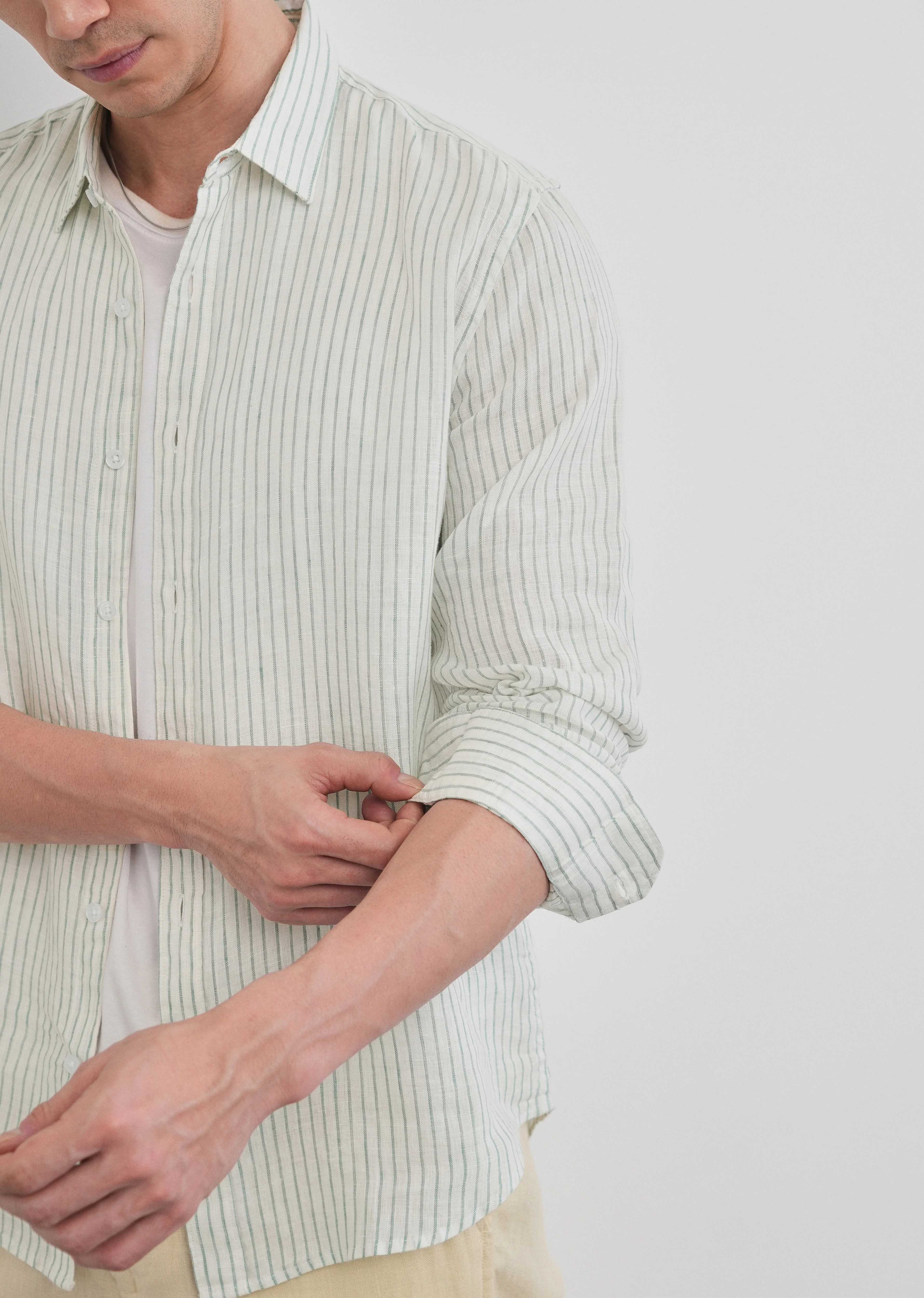 100% Linen Green Self-Stripe Shirt - Image 10
