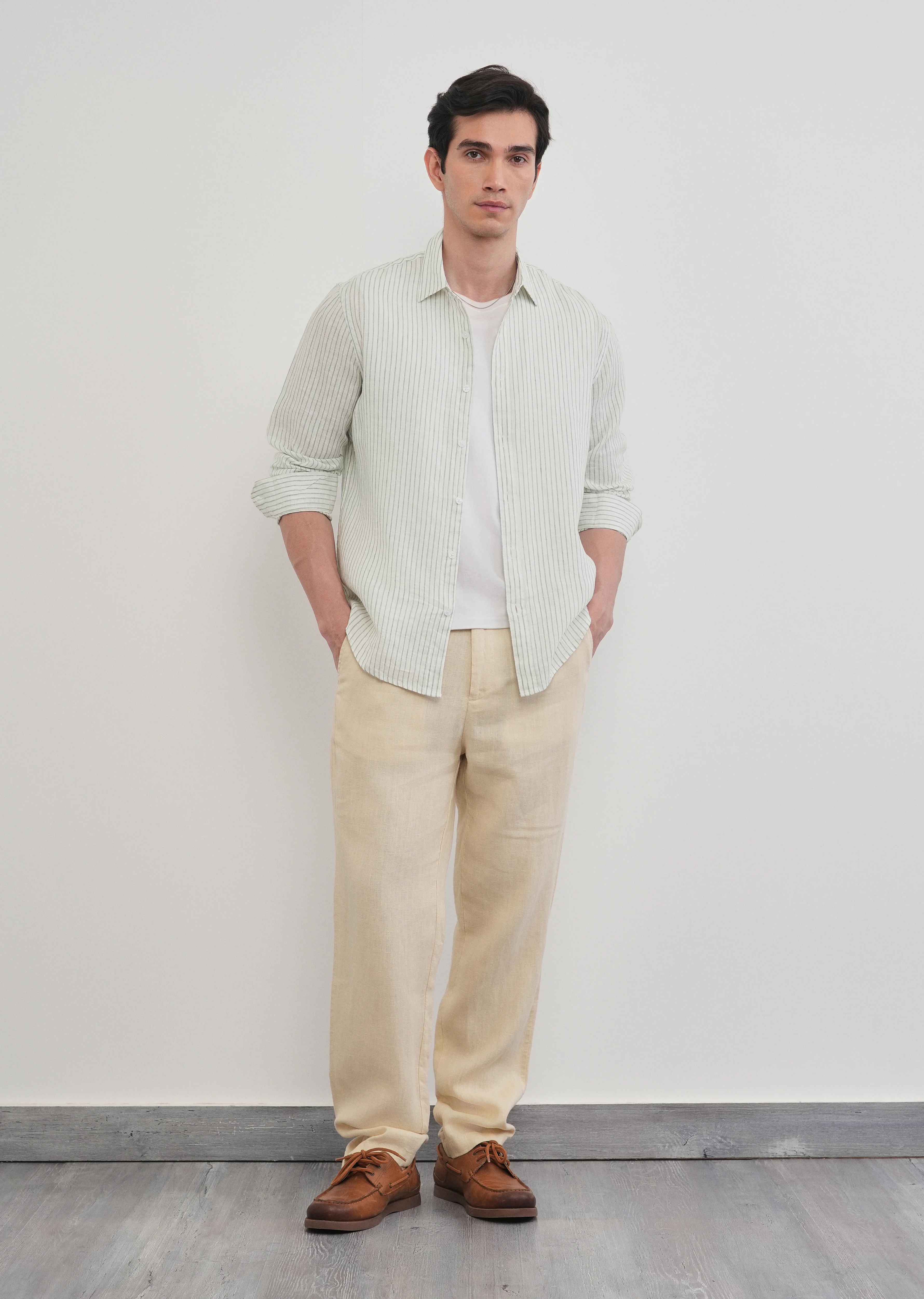 100% Linen Green Self-Stripe Shirt - Image 11