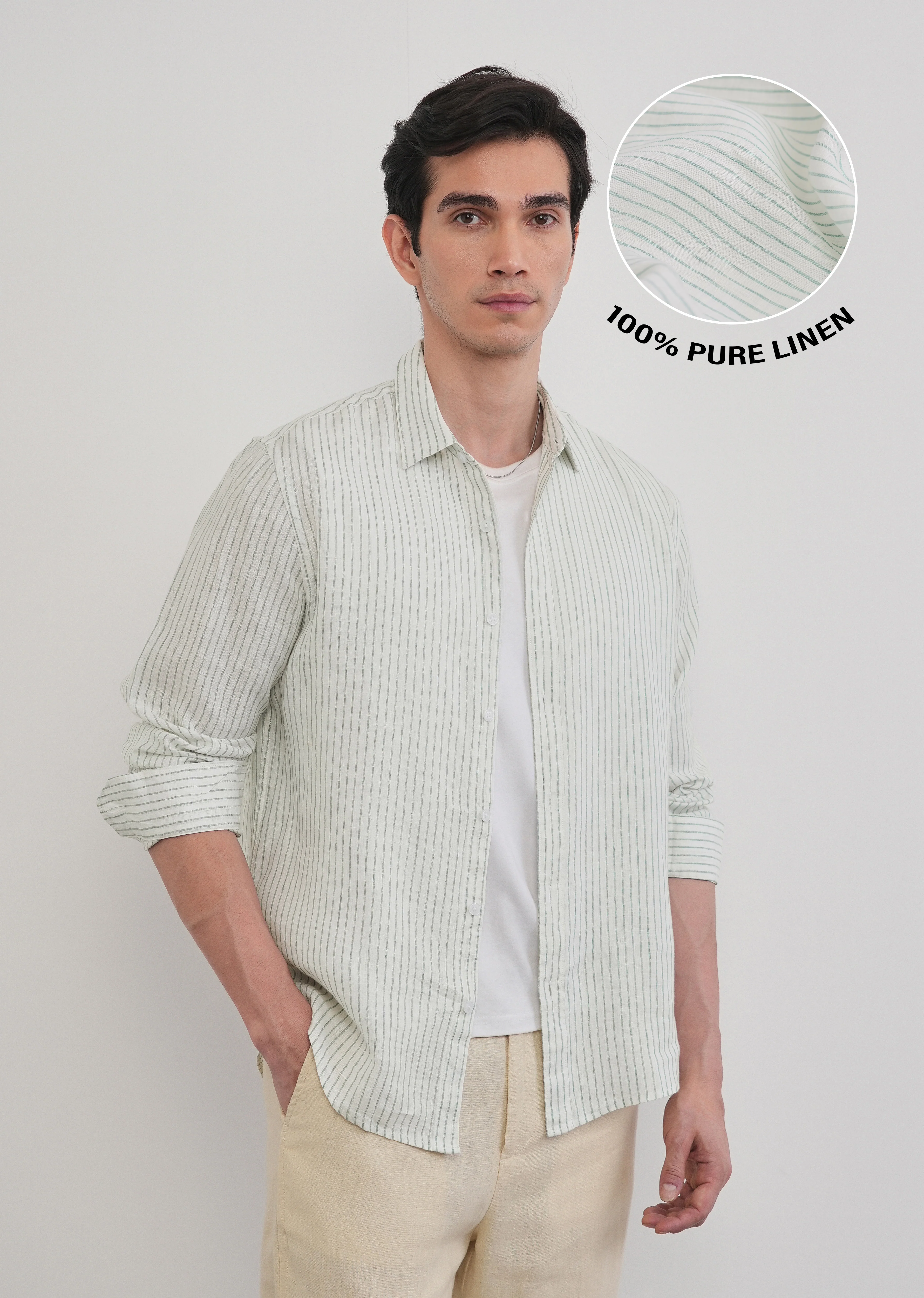 100% Linen Green Self-Stripe Shirt - Image 12