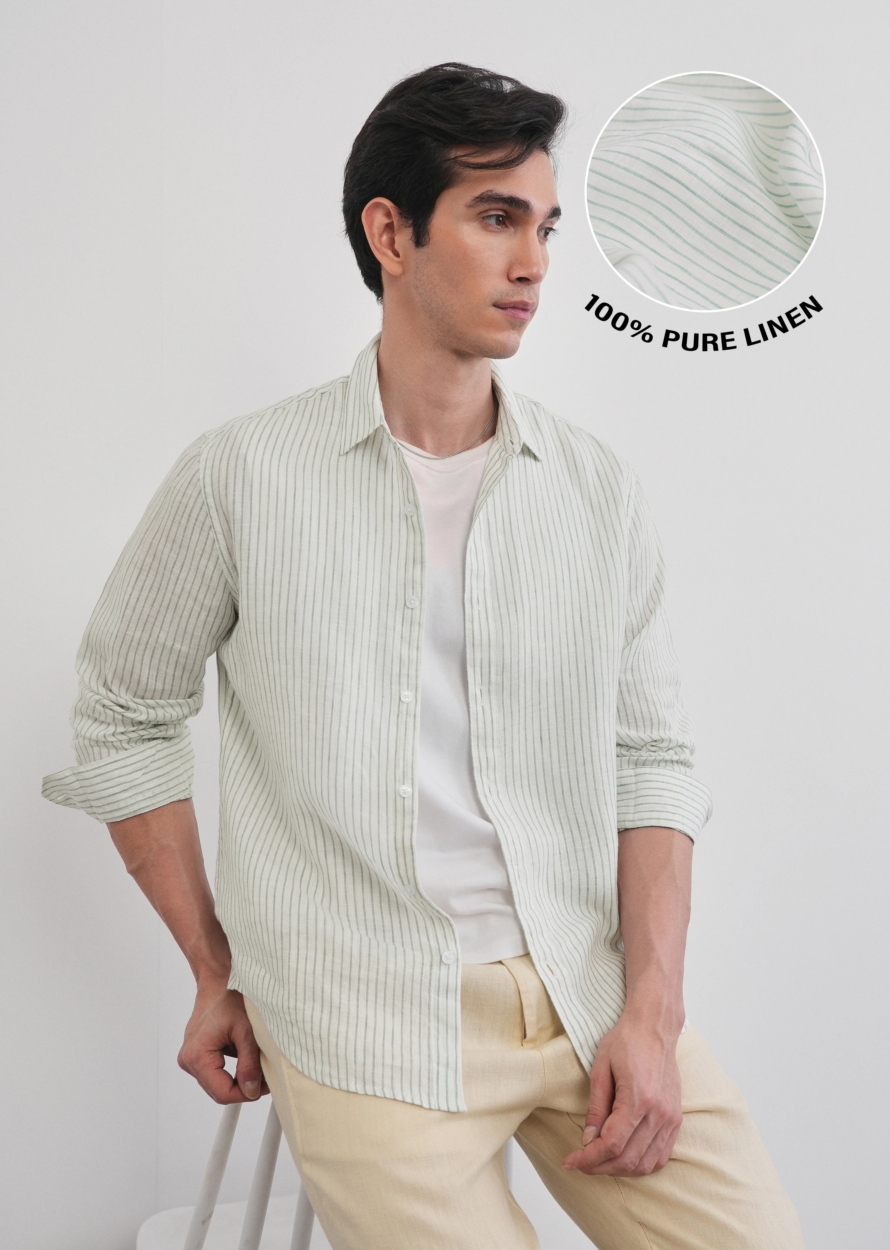 100% Linen Green Self-Stripe Shirt - Image 2