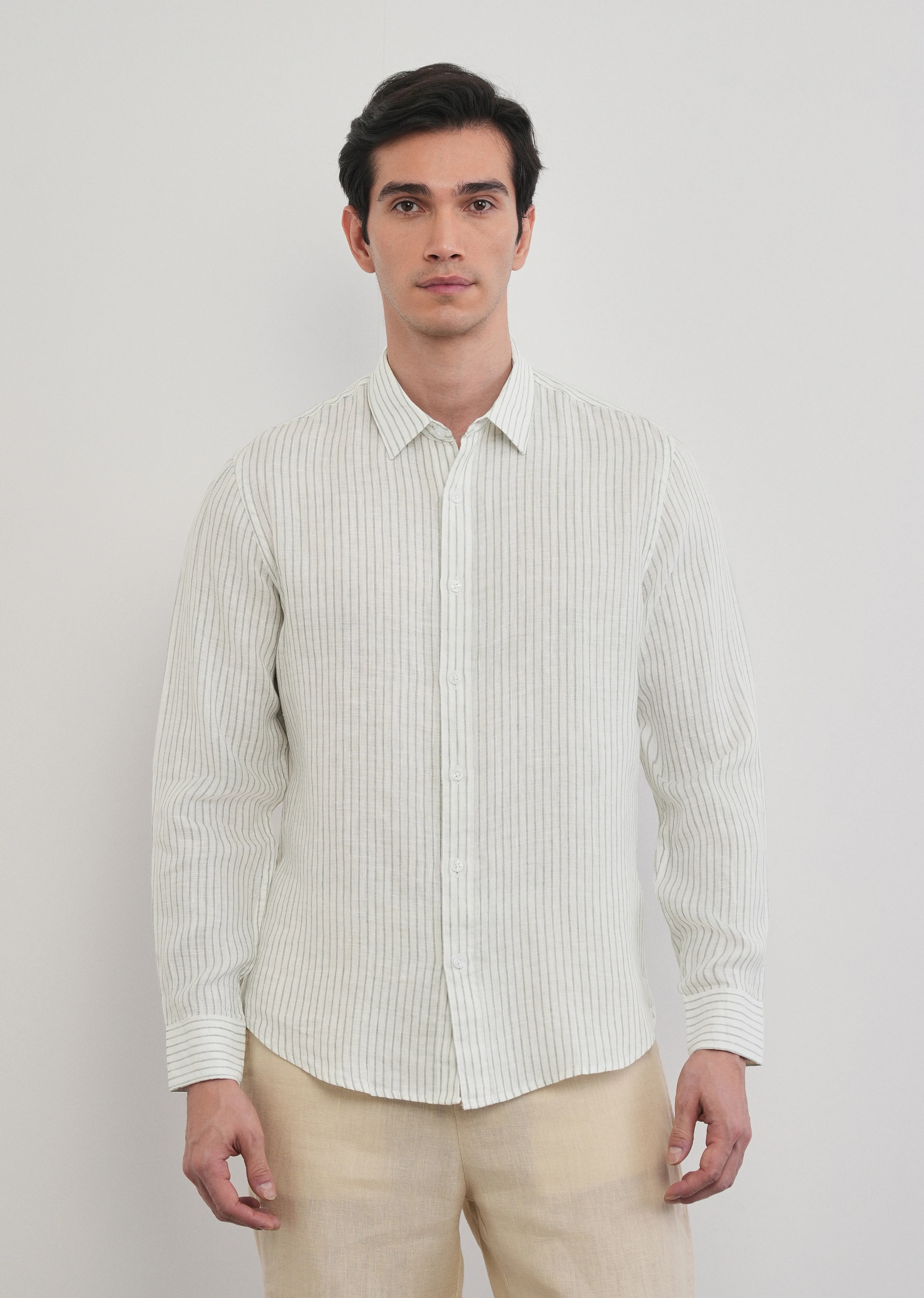 100% Linen Green Self-Stripe Shirt - Image 6