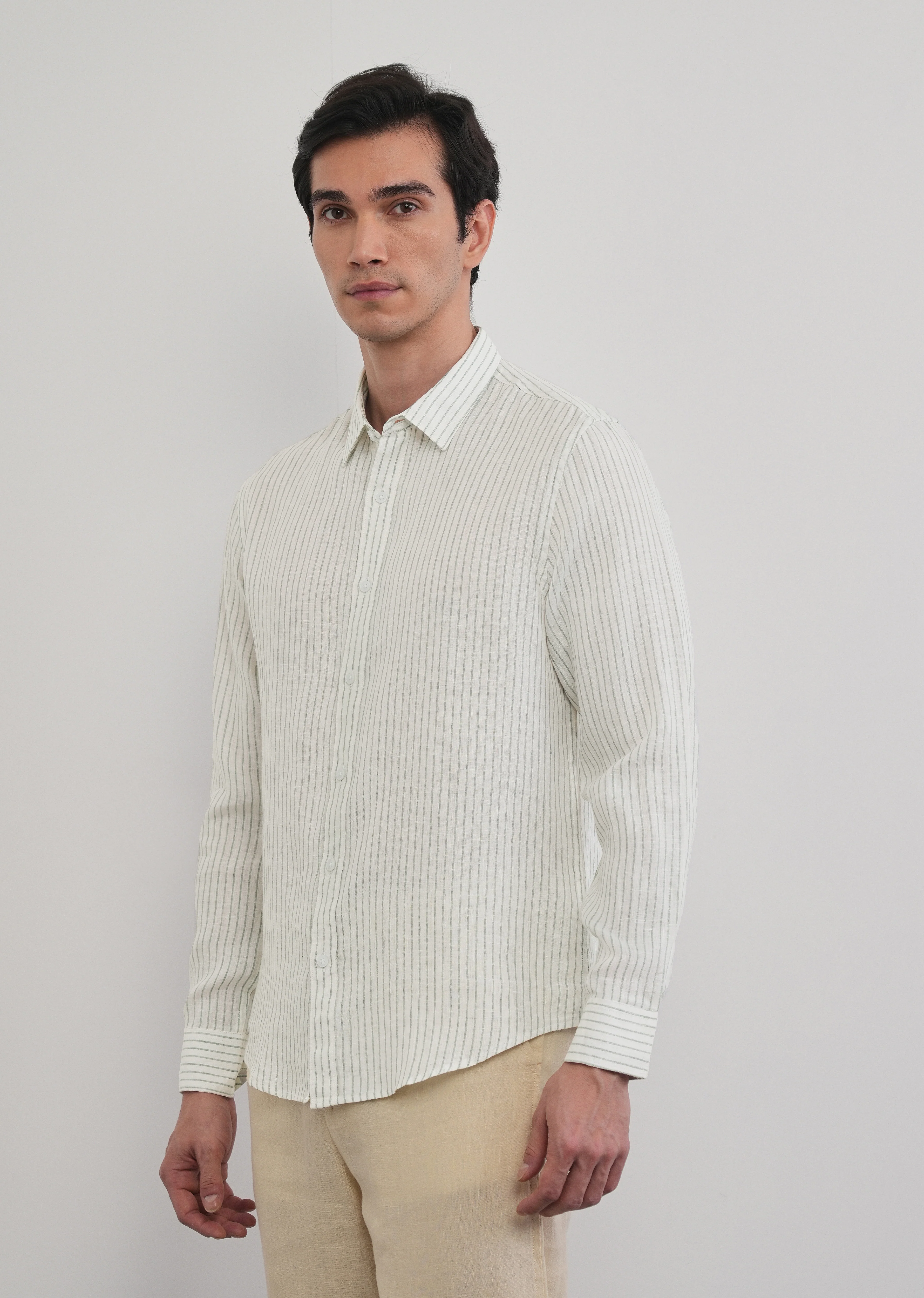 100% Linen Green Self-Stripe Shirt - Image 7