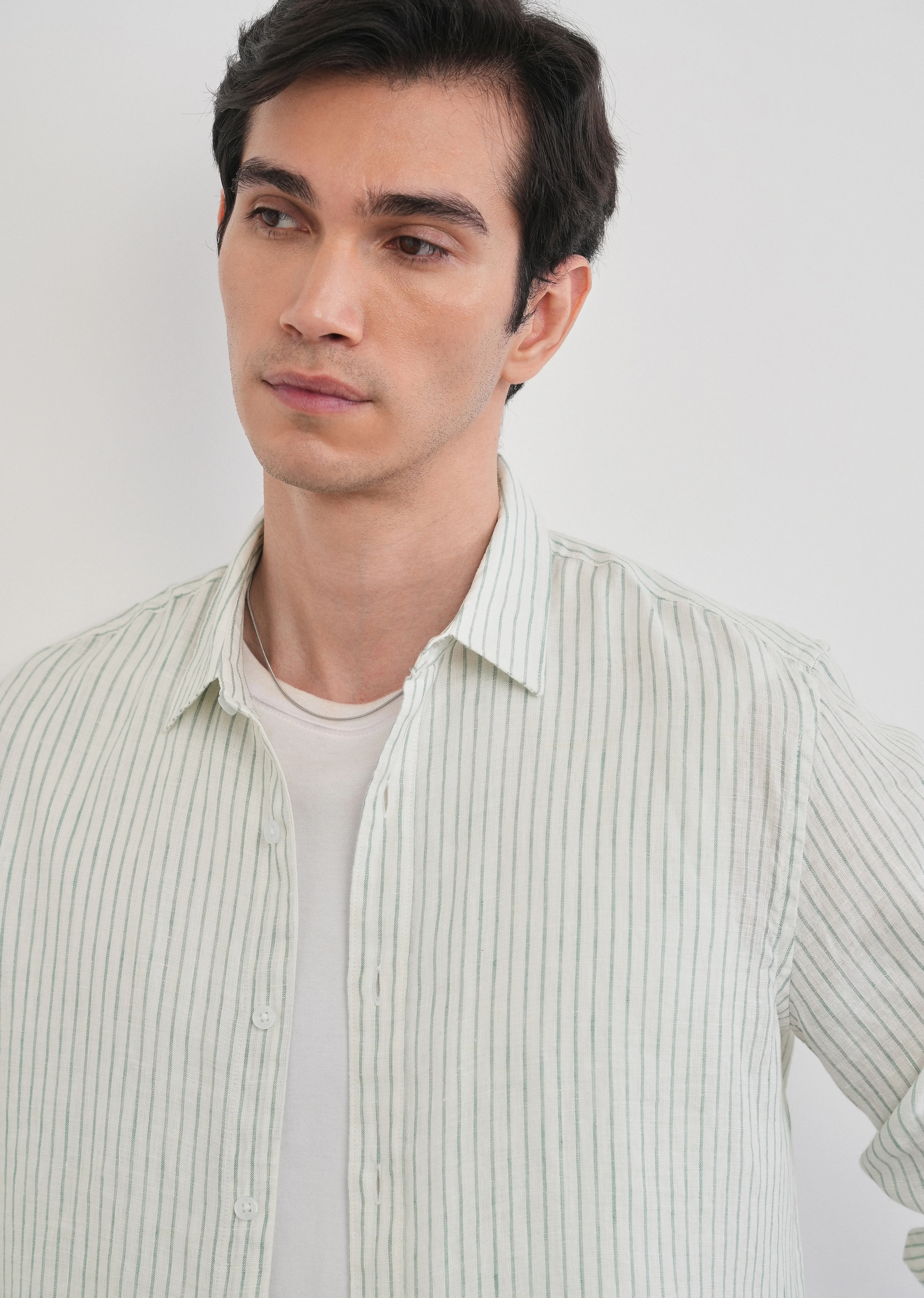 100% Linen Green Self-Stripe Shirt - Image 9