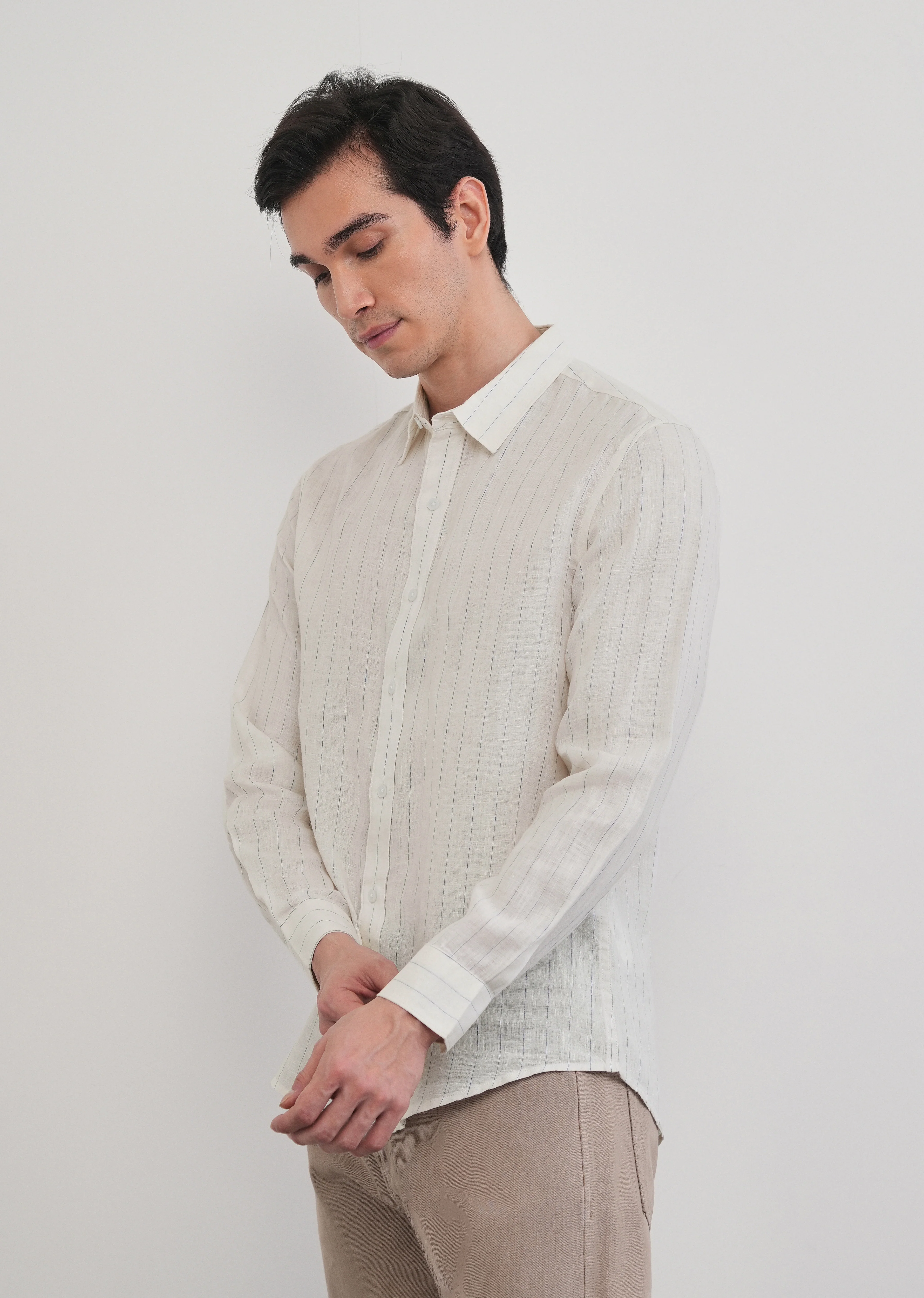 100% Linen Ivory Stripe Shirt - Image 5