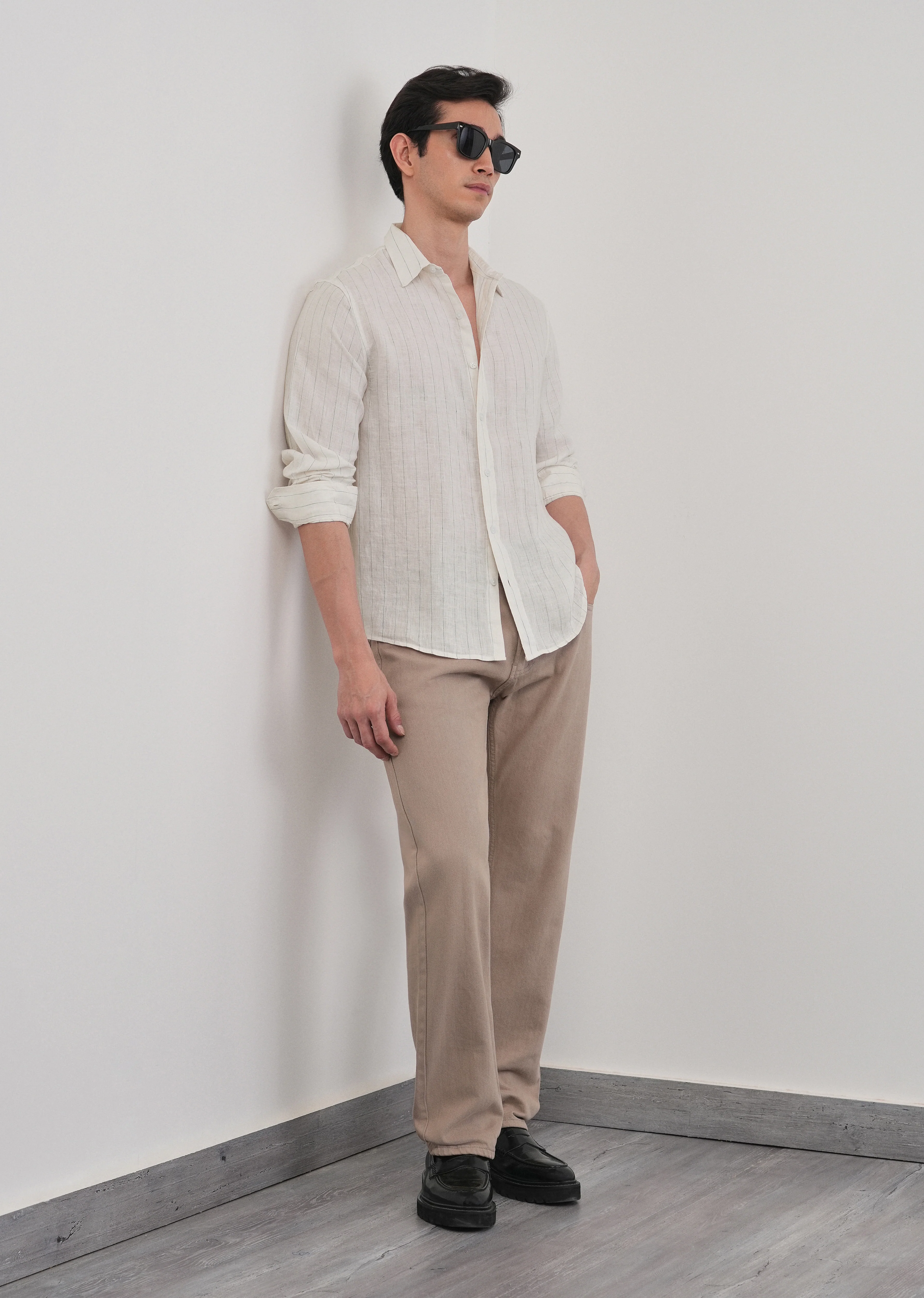 100% Linen Ivory Stripe Shirt - Image 8