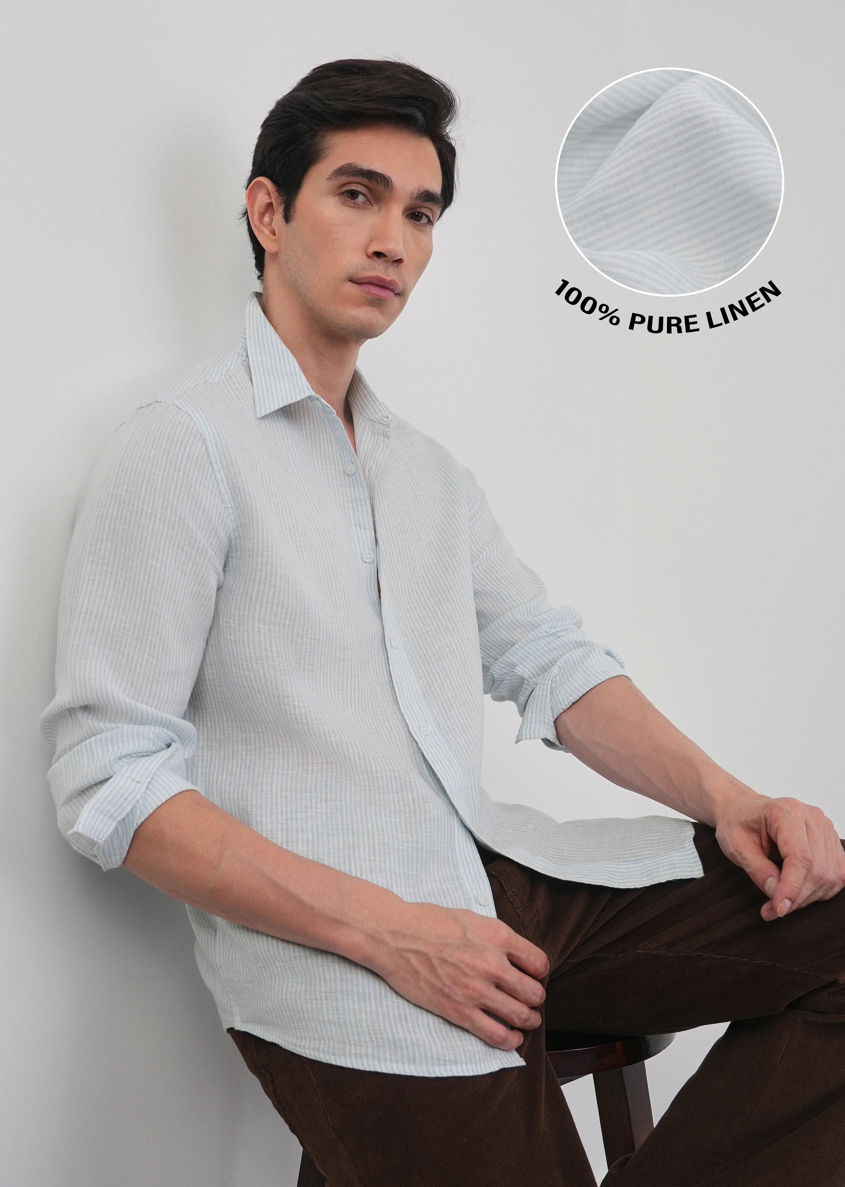 100% Linen Light Blue Self-Stripe Shirt - Image 2