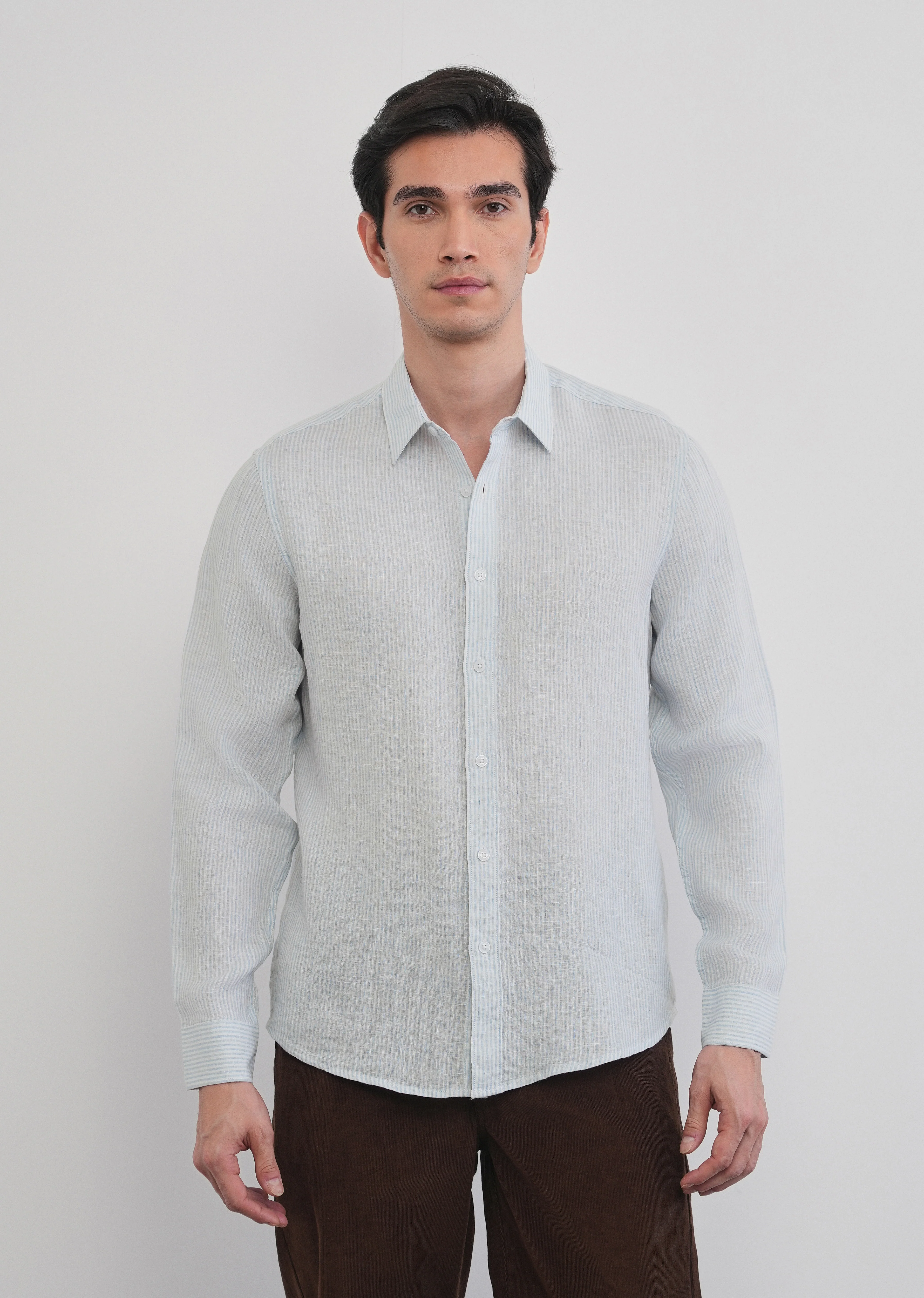 100% Linen Light Blue Self-Stripe Shirt - Image 6