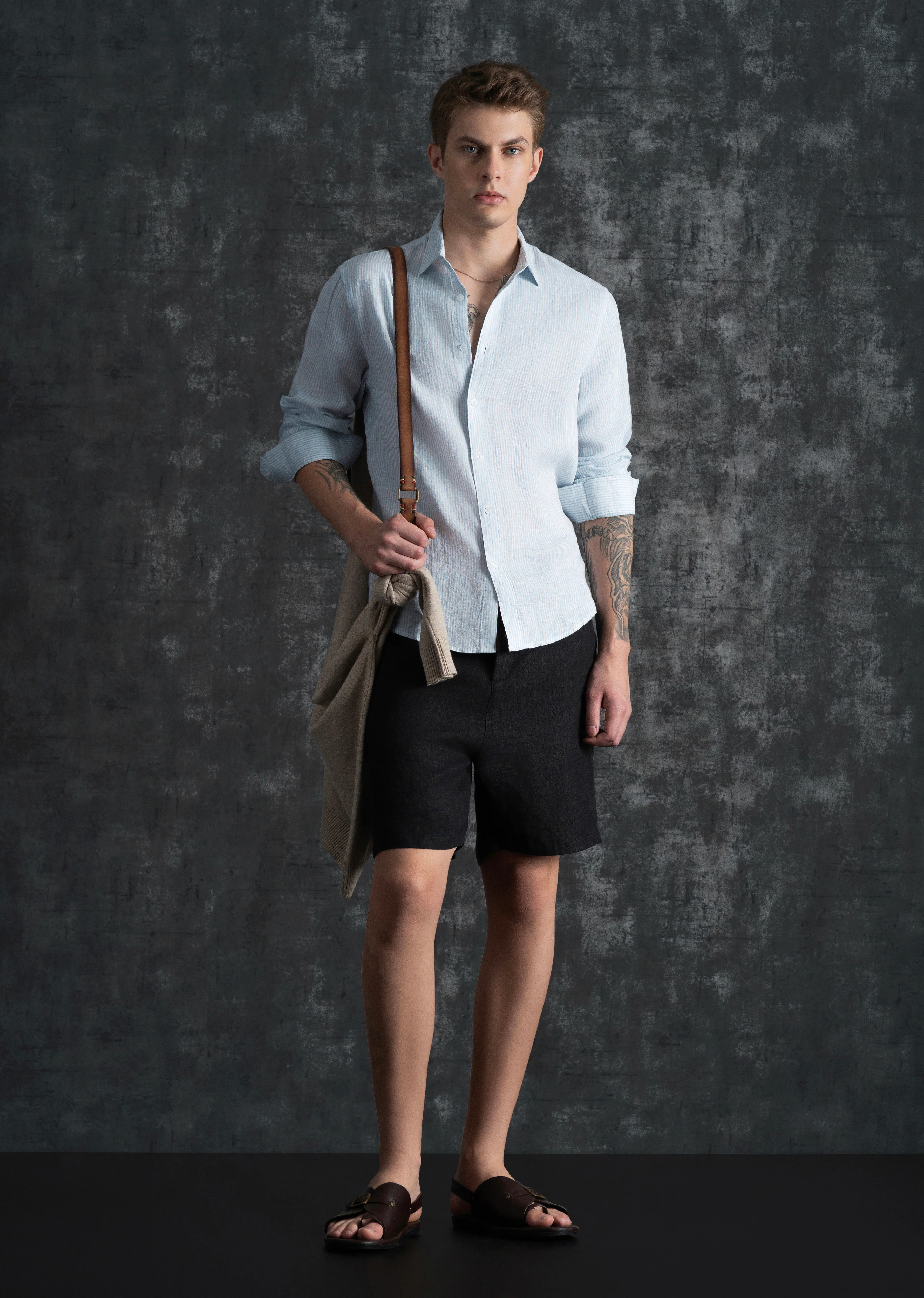 100% Linen Light Blue Self-Stripe Shirt - Image 8