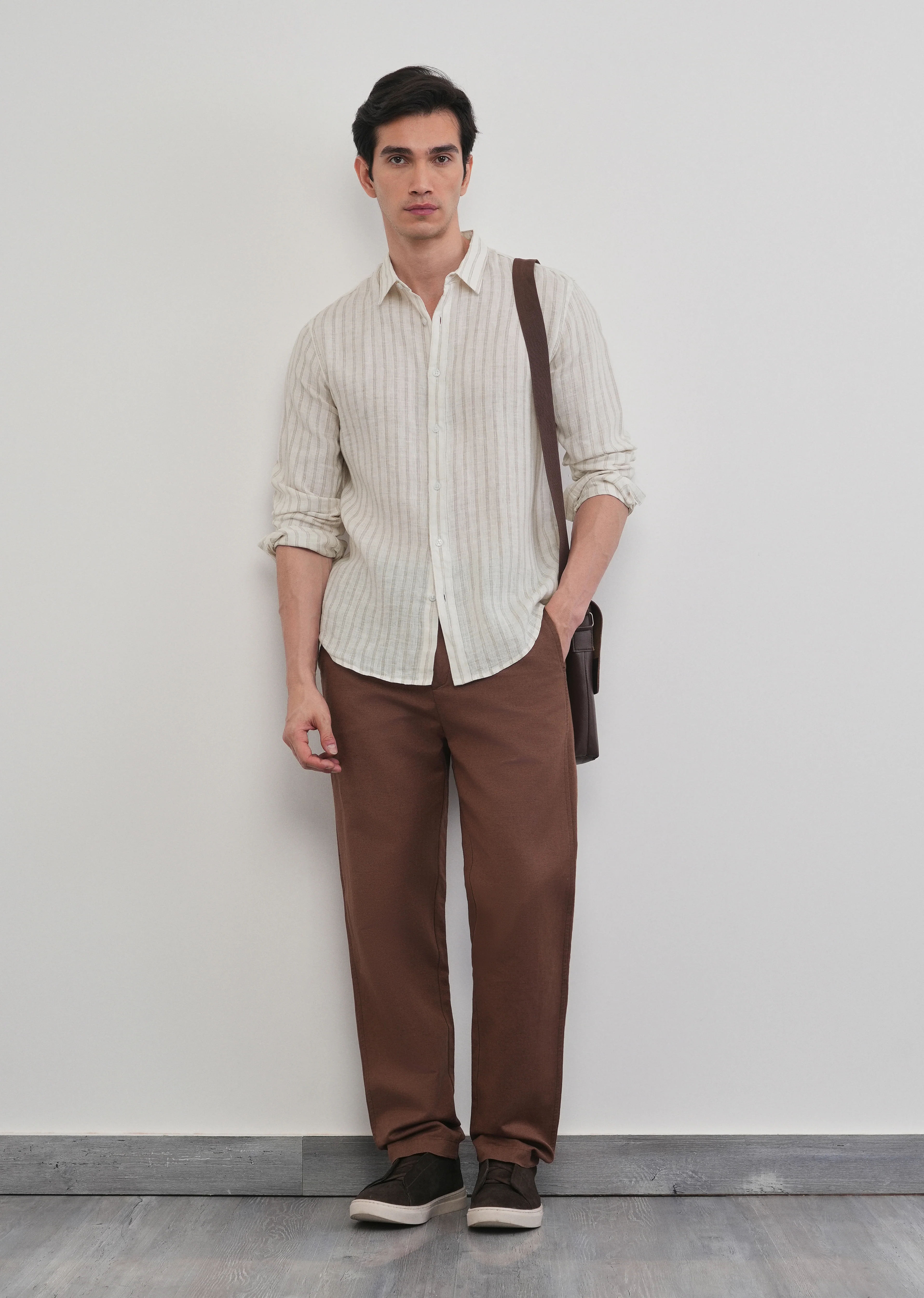 100% Linen Off-White Classic Stripe Shirt - Image 10