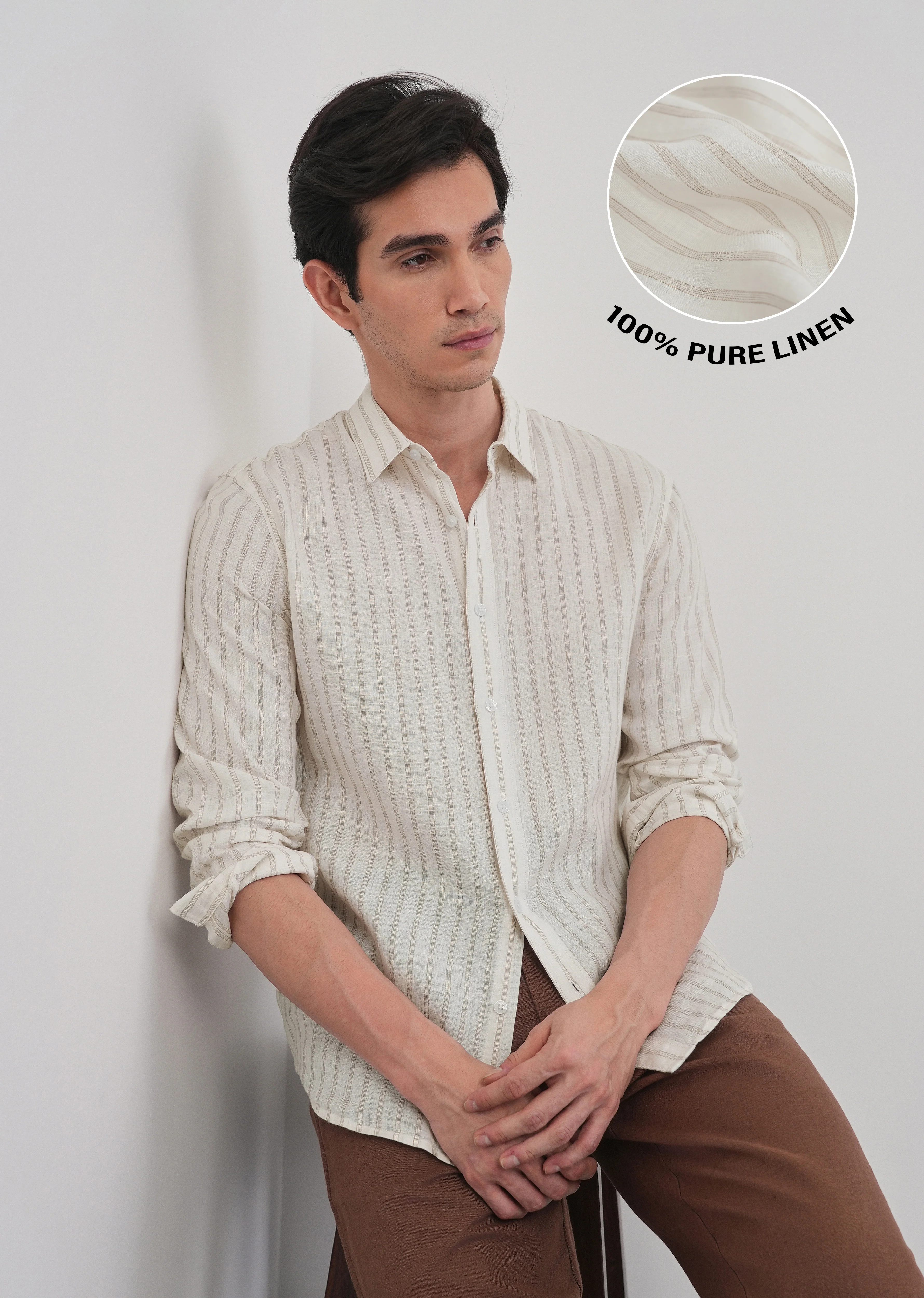 100% Linen Off-White Classic Stripe Shirt - Image 11
