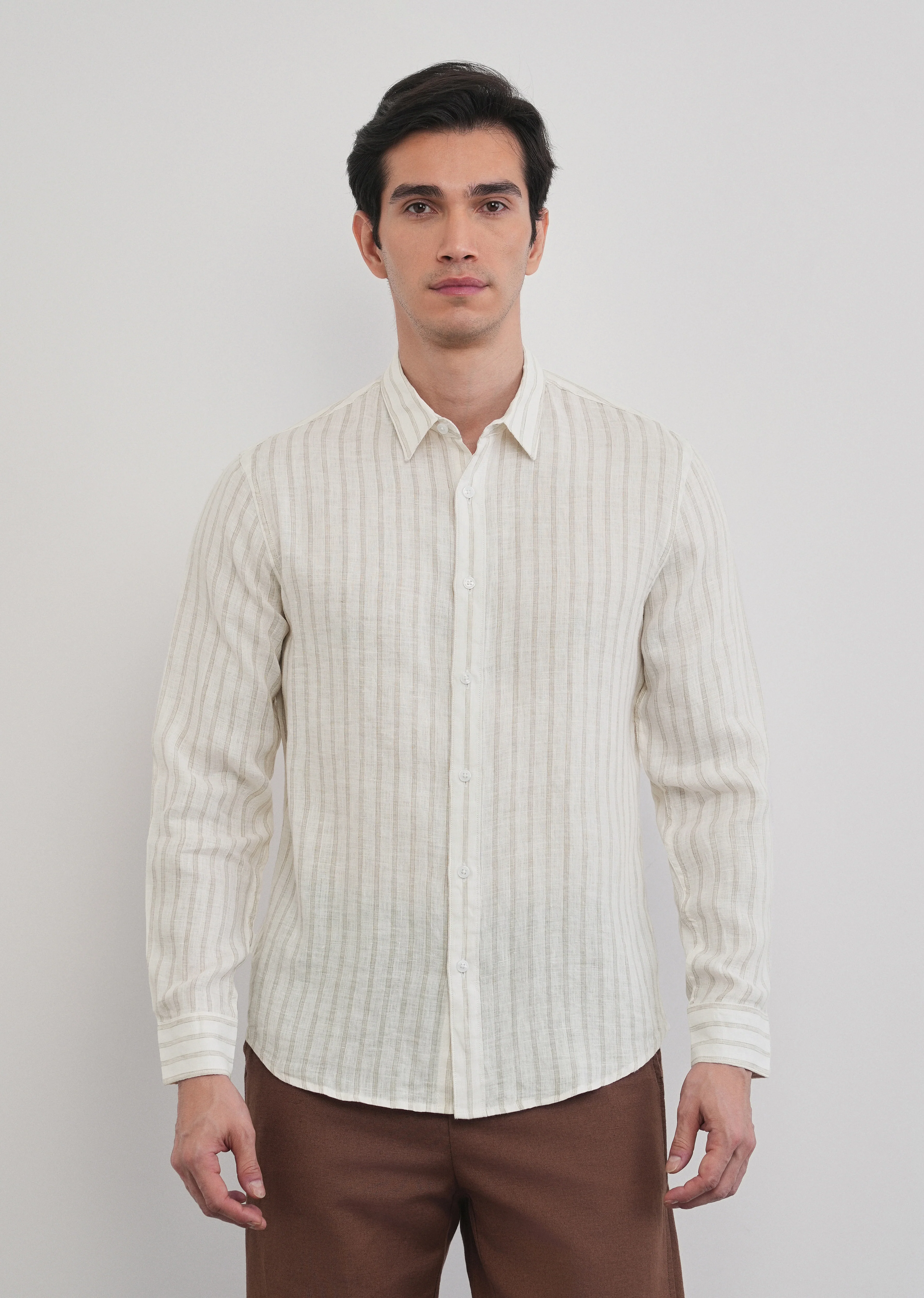100% Linen Off-White Classic Stripe Shirt - Image 6