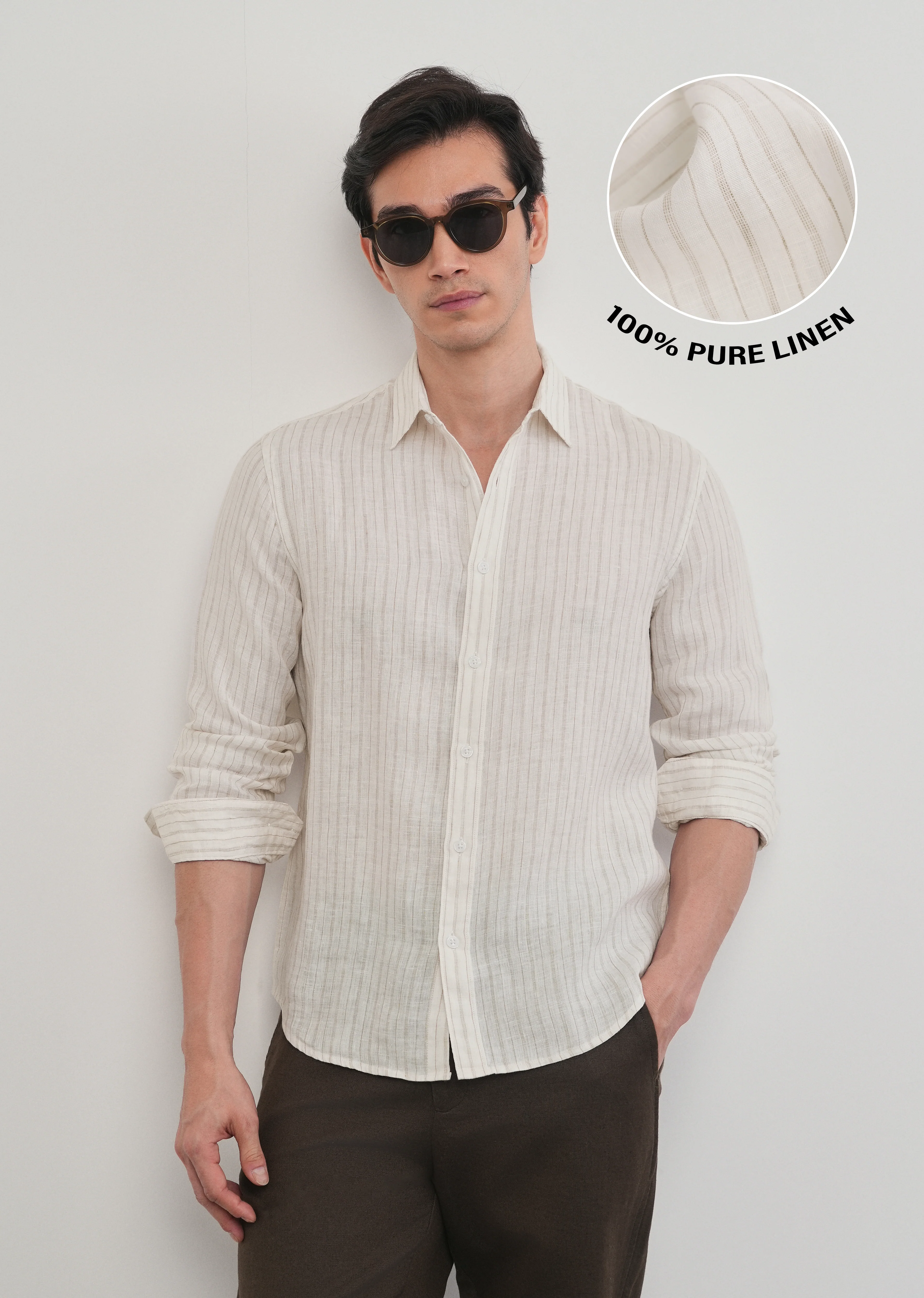 100% Linen Off-White Dual Stripe Shirt - Image 12