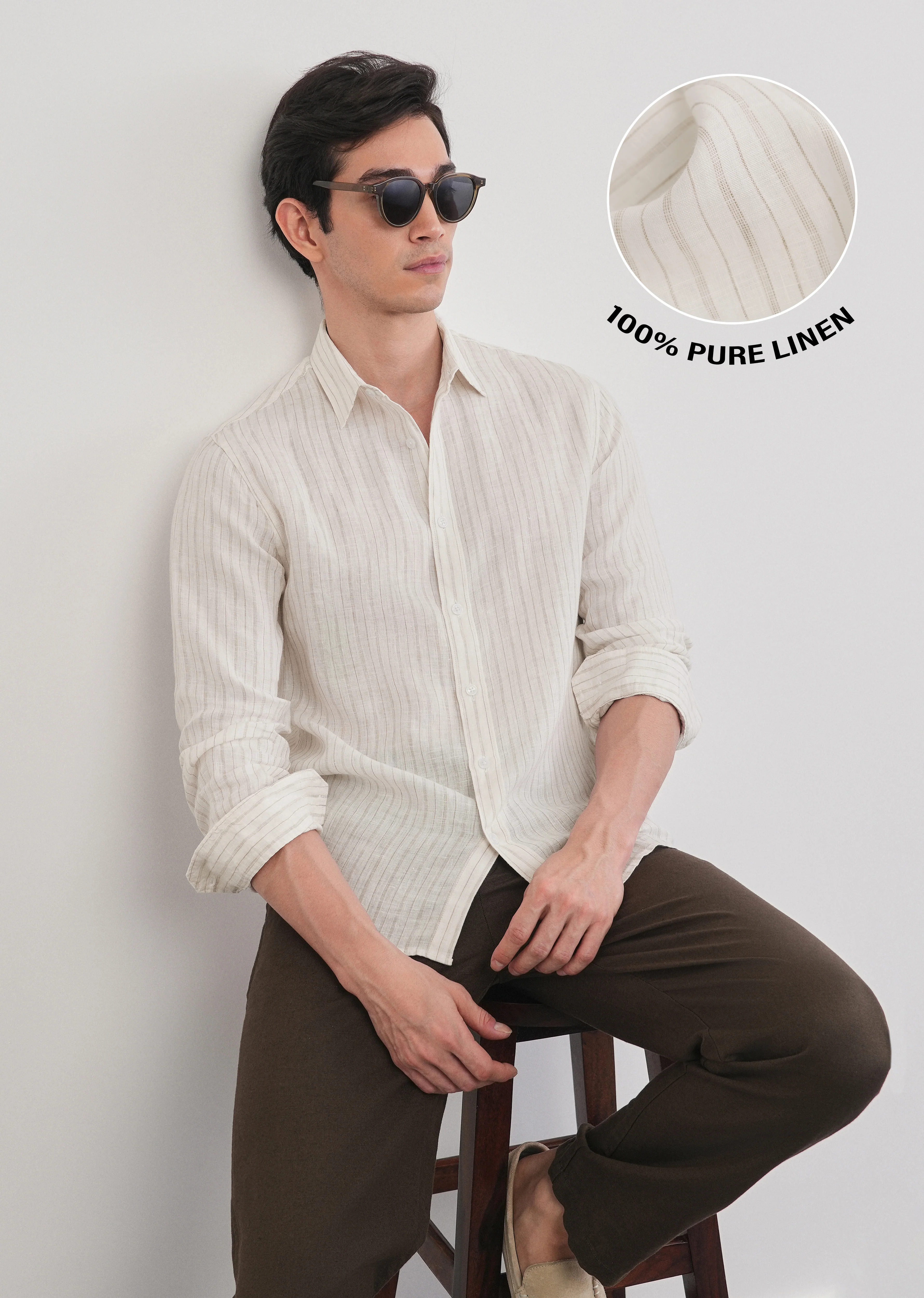 100% Linen Off-White Dual Stripe Shirt - Image 2