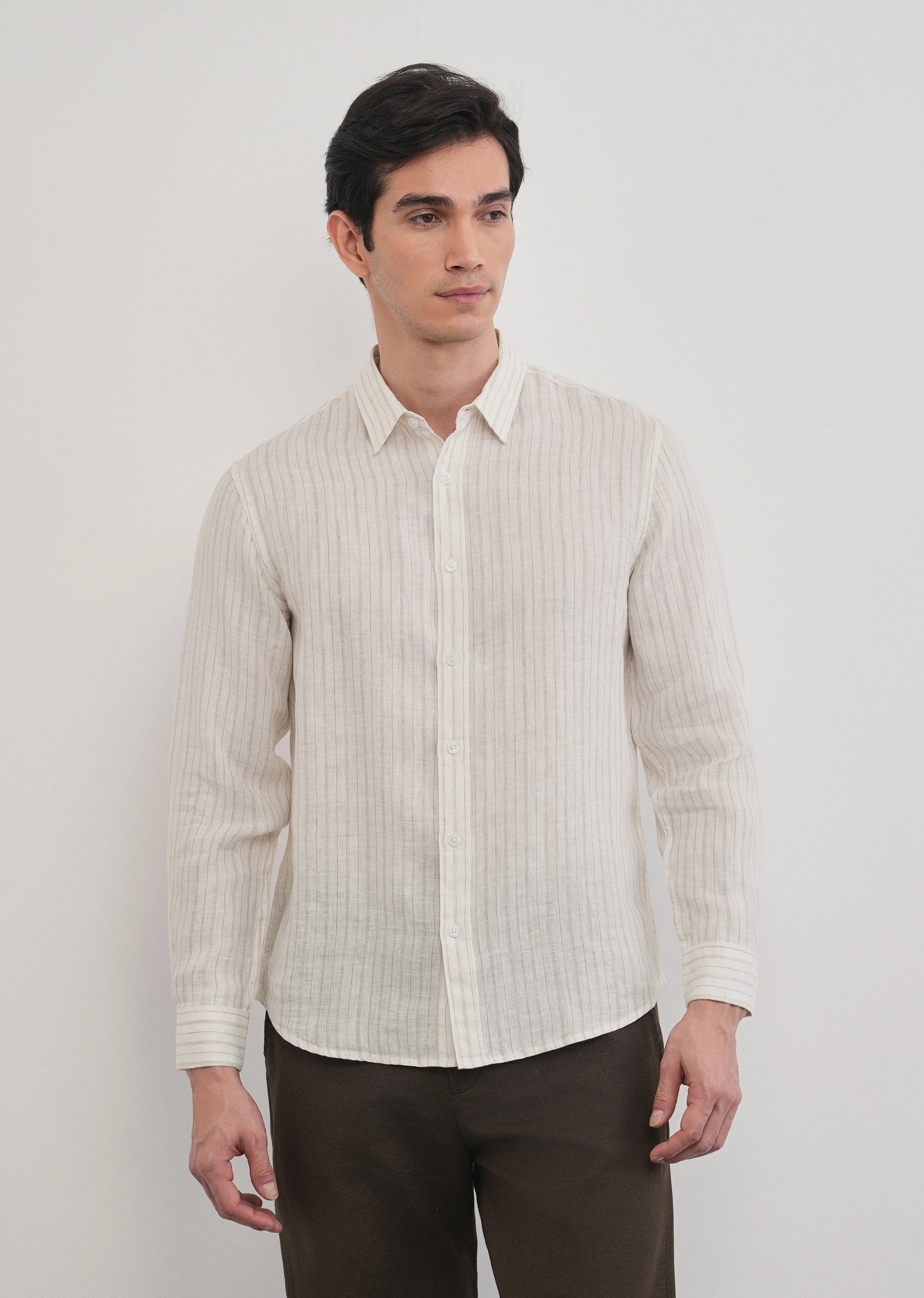 100% Linen Off-White Dual Stripe Shirt - Image 6