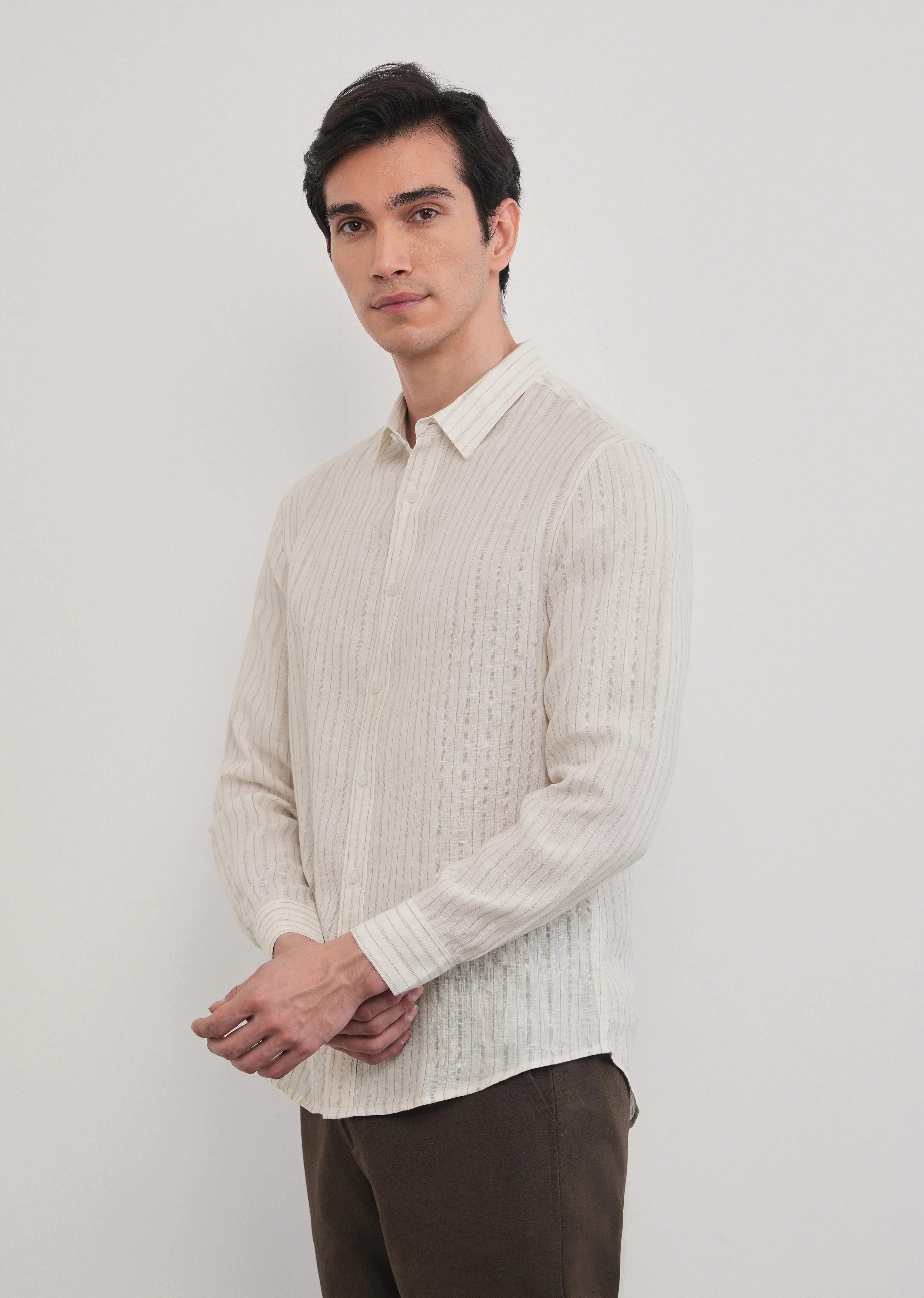 100% Linen Off-White Dual Stripe Shirt - Image 7