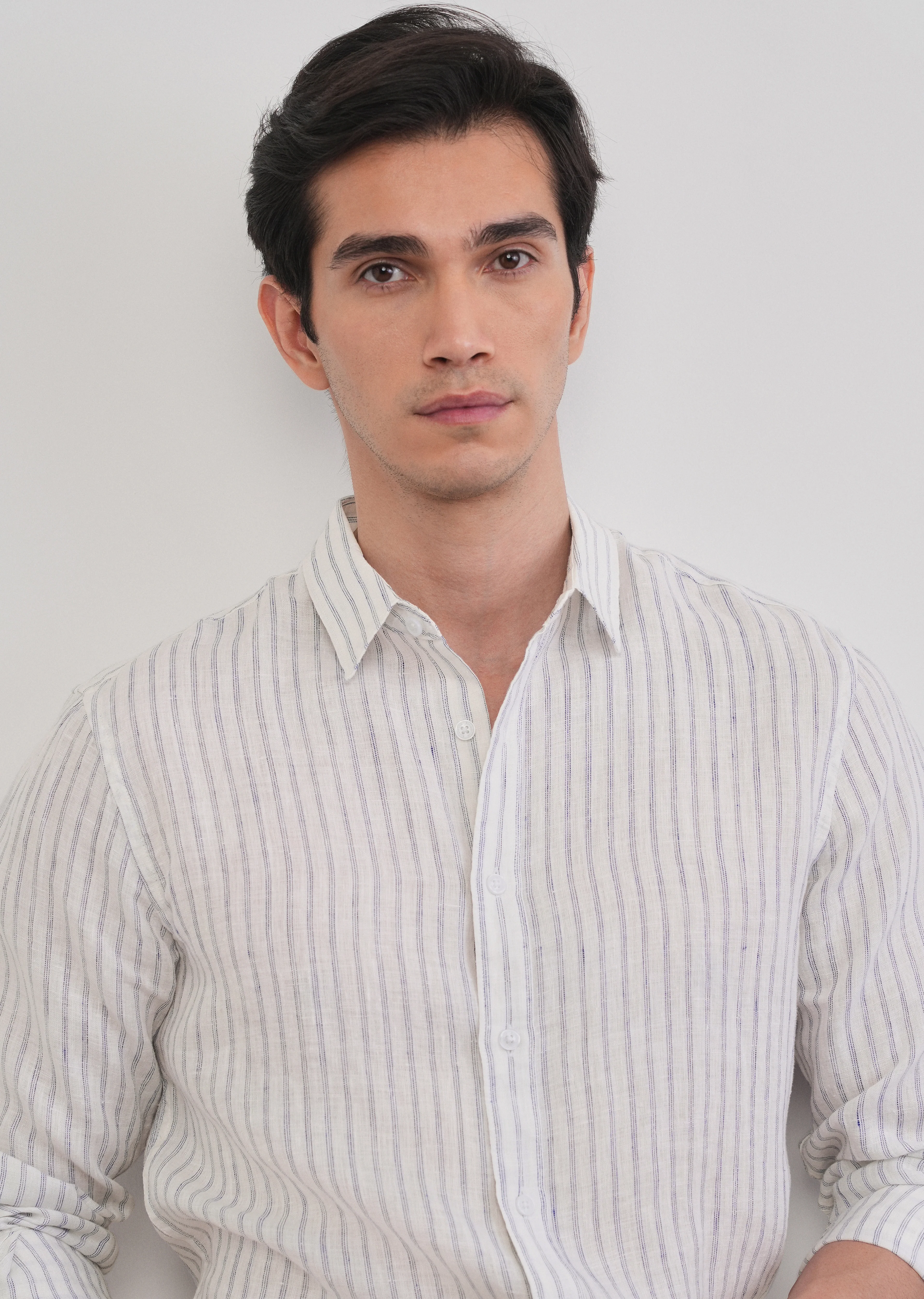 100% Linen Off-White Self-Stripe Shirt - Image 10