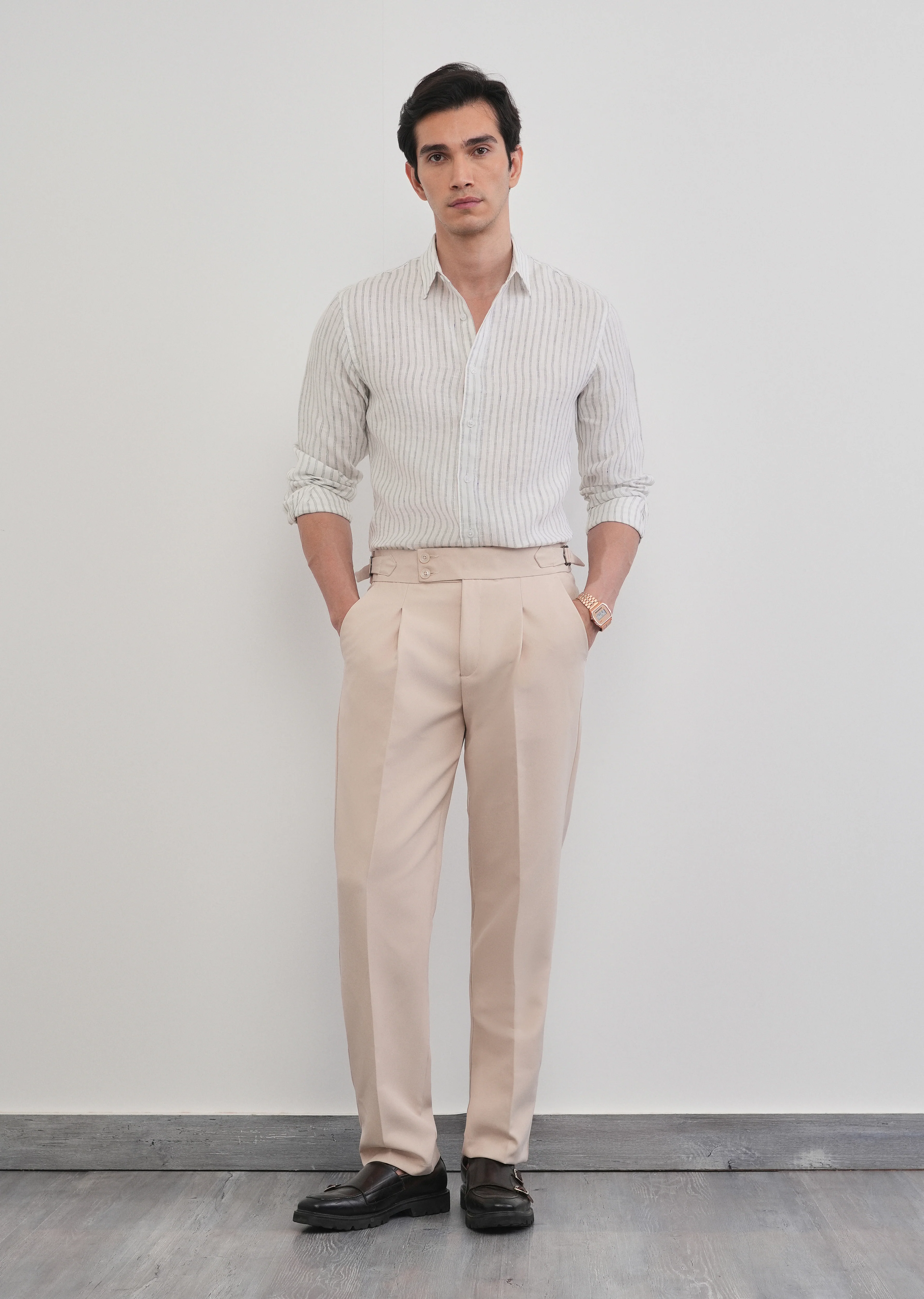 100% Linen Off-White Self-Stripe Shirt - Image 11