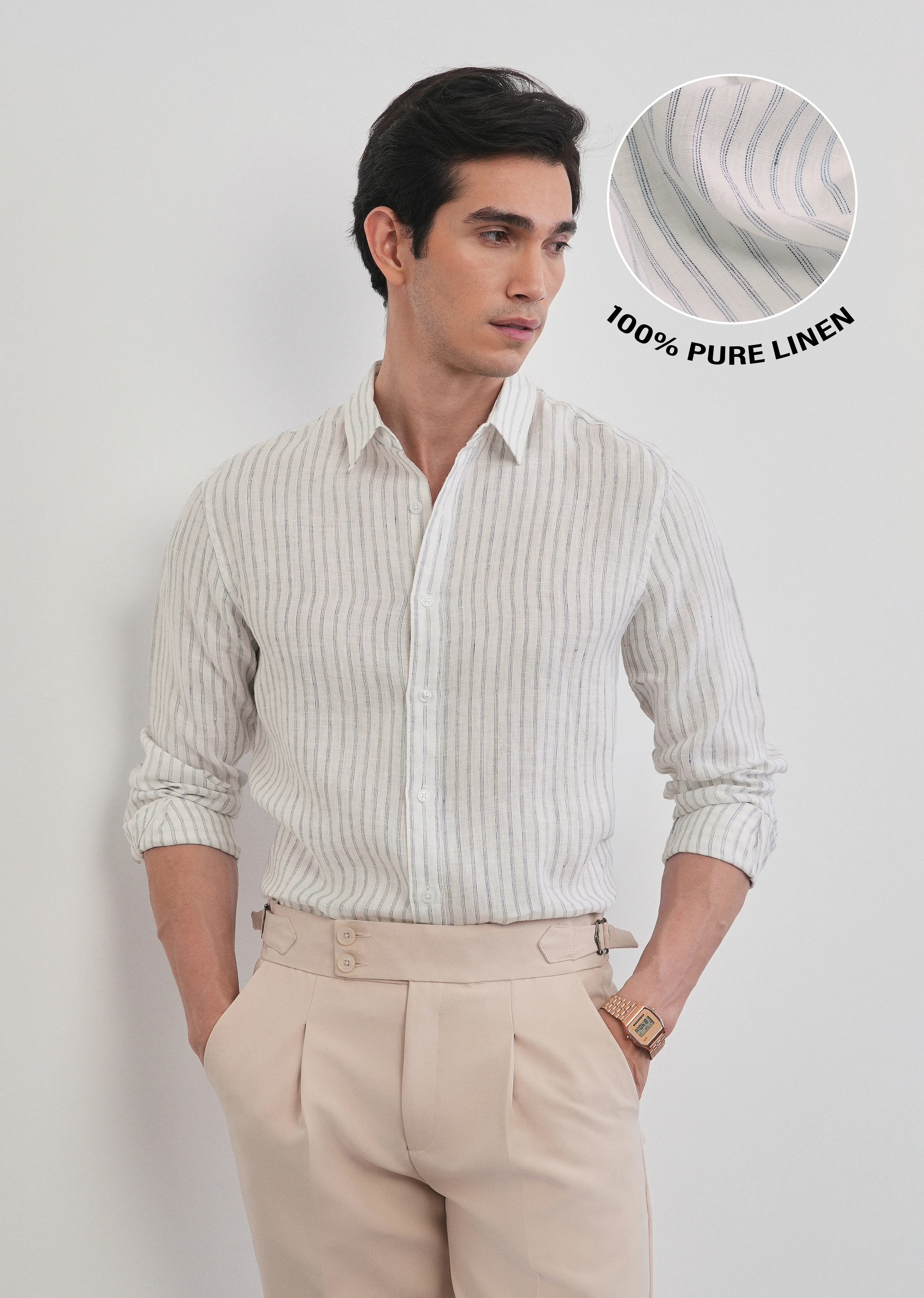 100% Linen Off-White Self-Stripe Shirt - Image 12