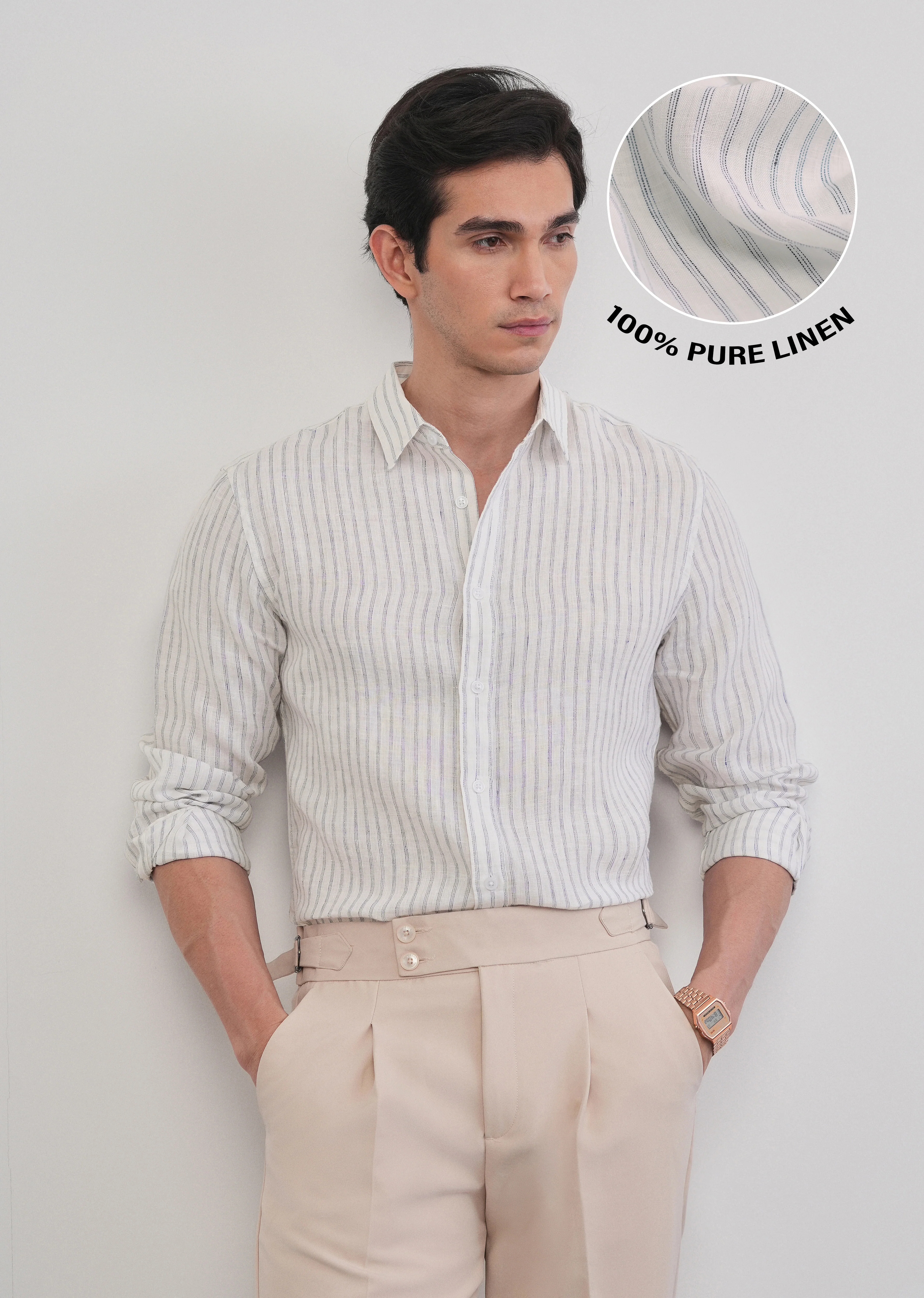 100% Linen Off-White Self-Stripe Shirt - Image 2