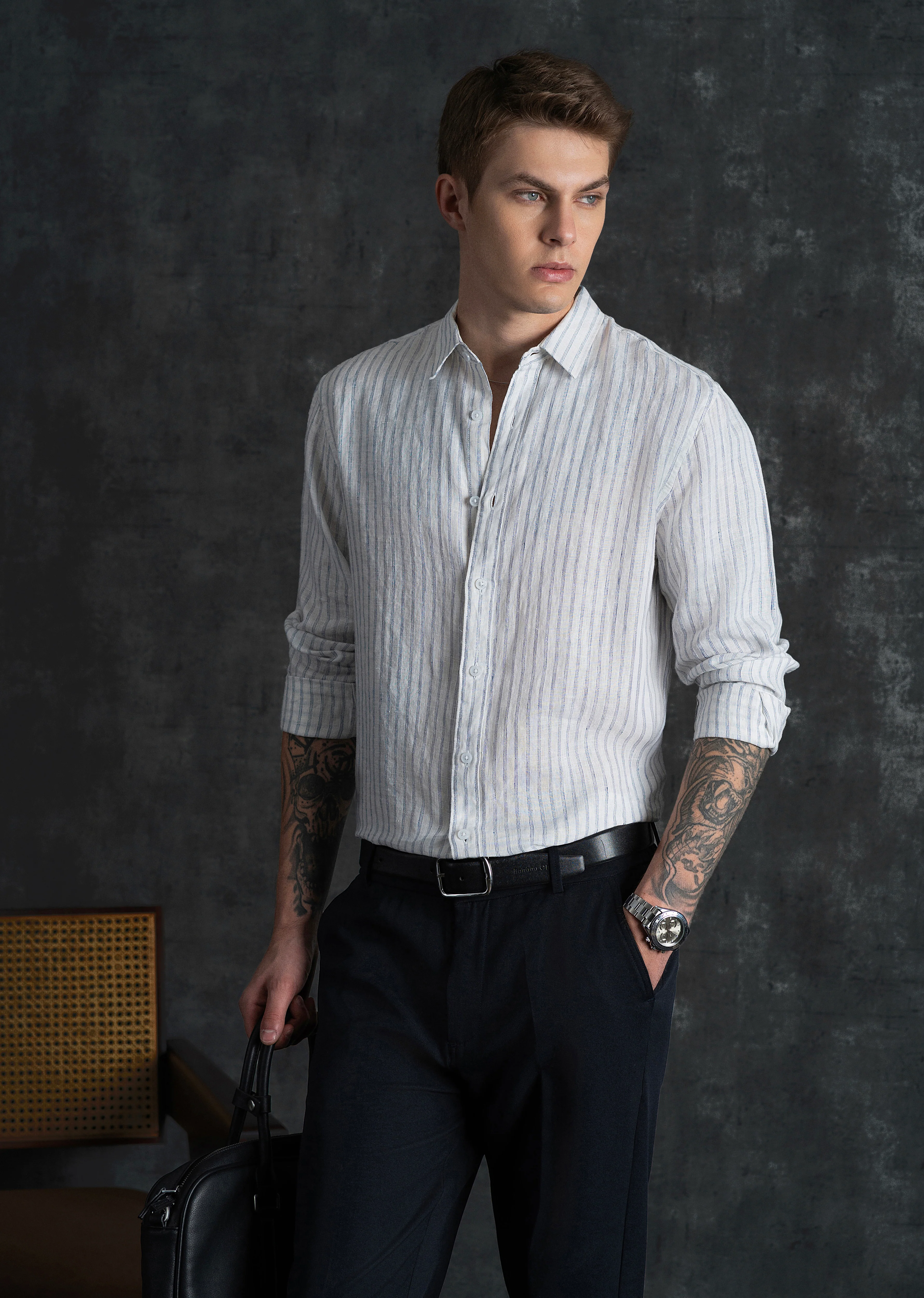 100% Linen Off-White Self-Stripe Shirt - Image 3
