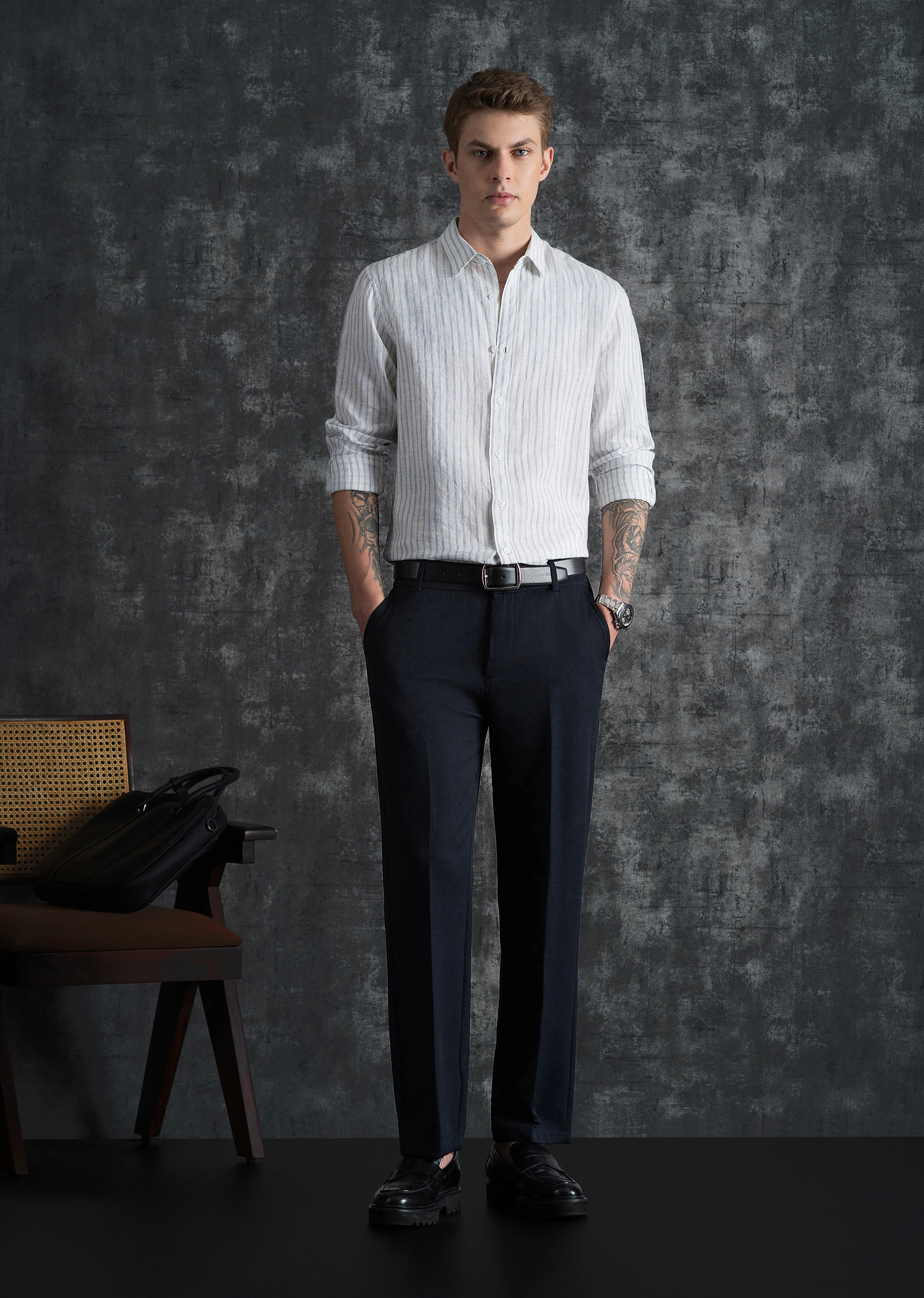 100% Linen Off-White Self-Stripe Shirt - Image 5