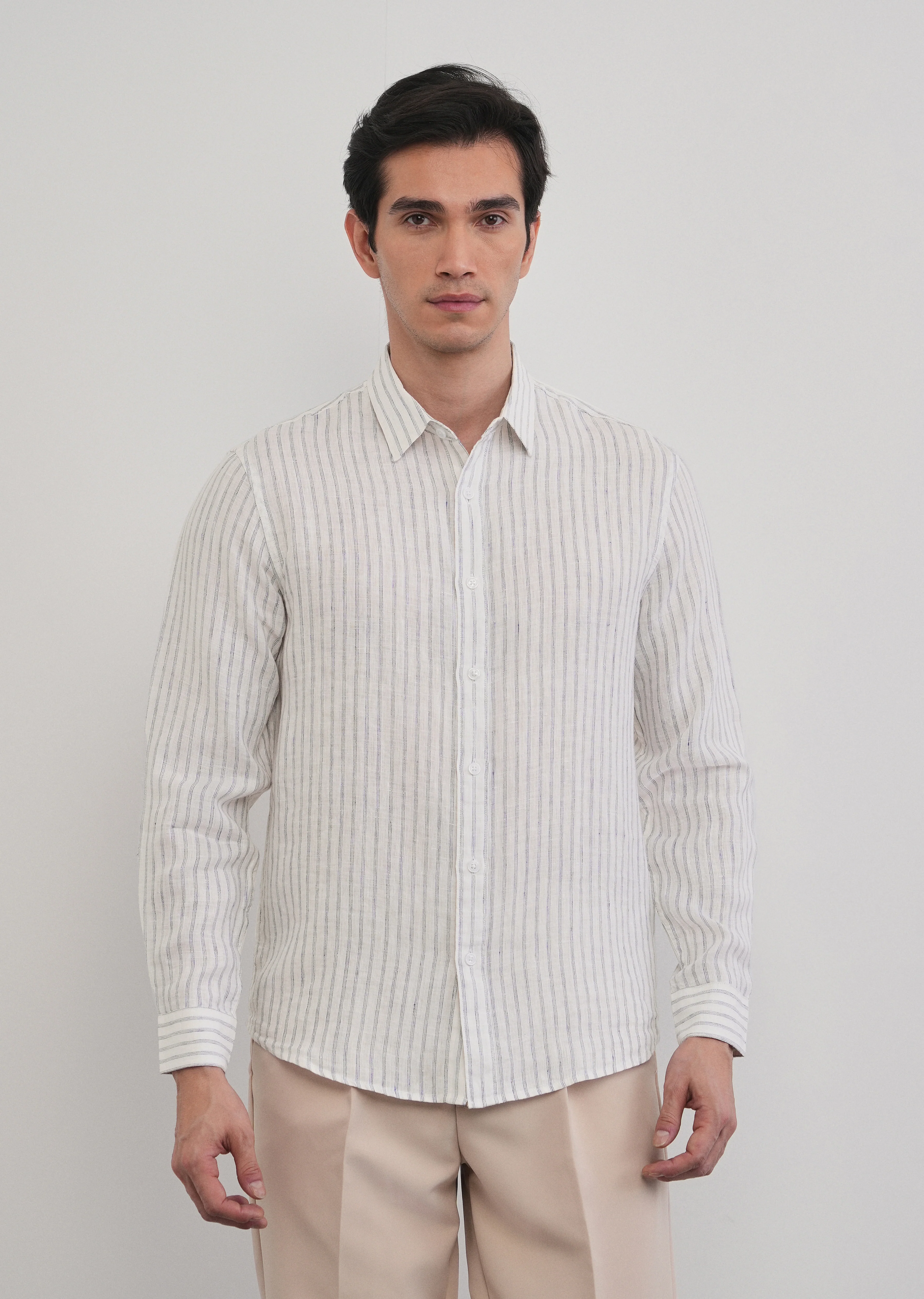 100% Linen Off-White Self-Stripe Shirt - Image 7