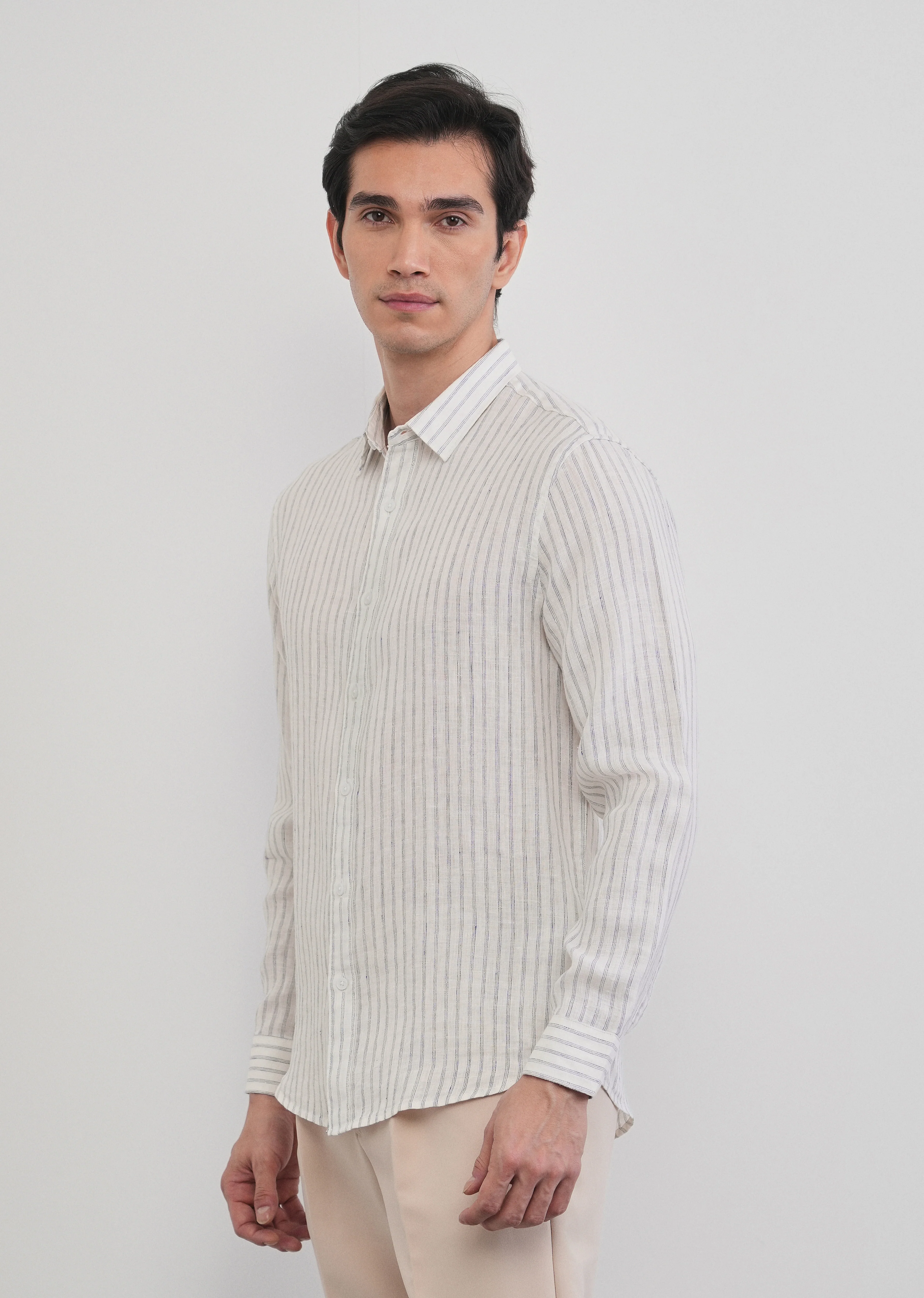 100% Linen Off-White Self-Stripe Shirt - Image 8